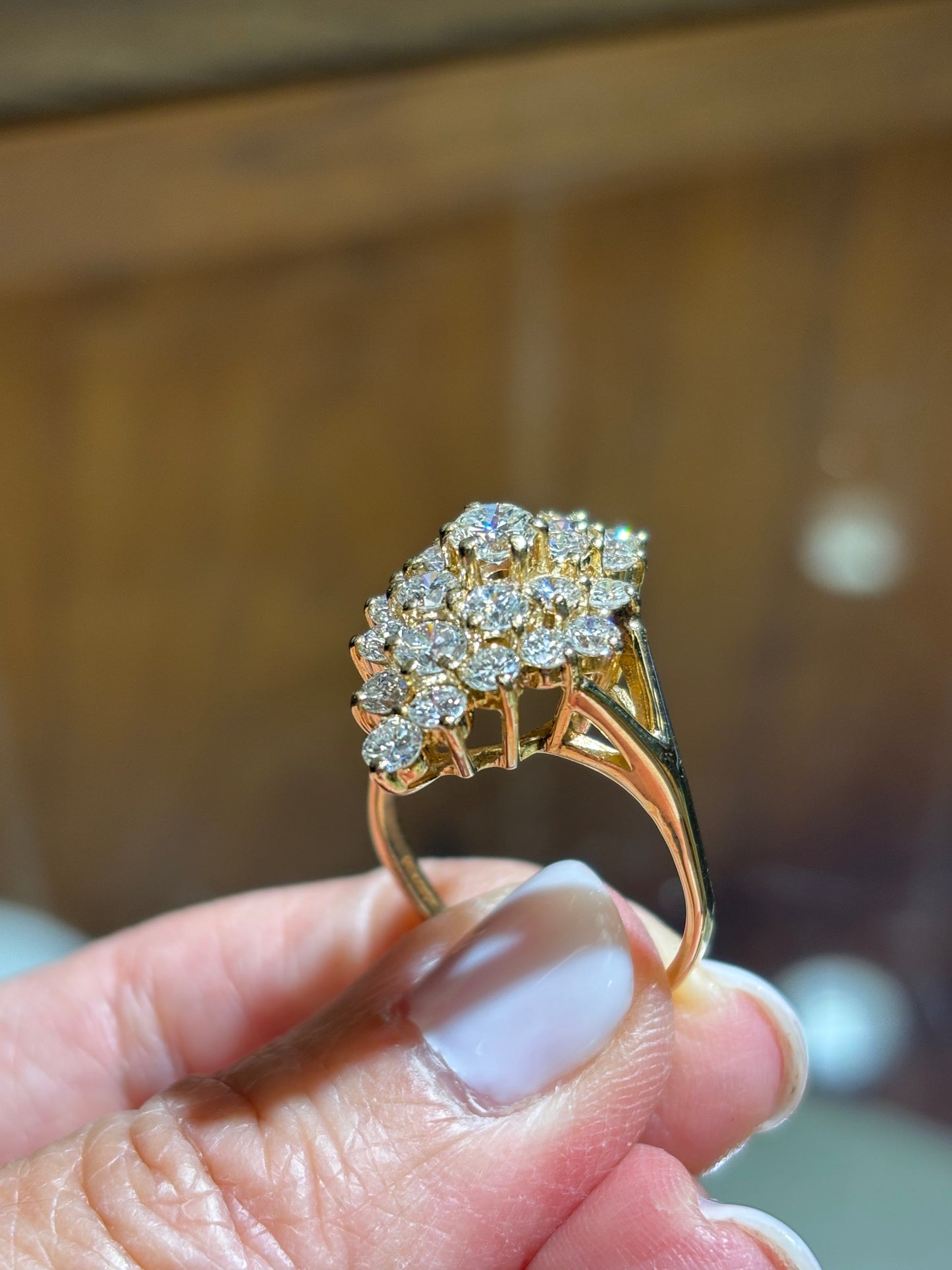 Vintage 14K Yellow Gold Natural 3 Carat Diamond Cluster Marquise Statement Cocktail Ring