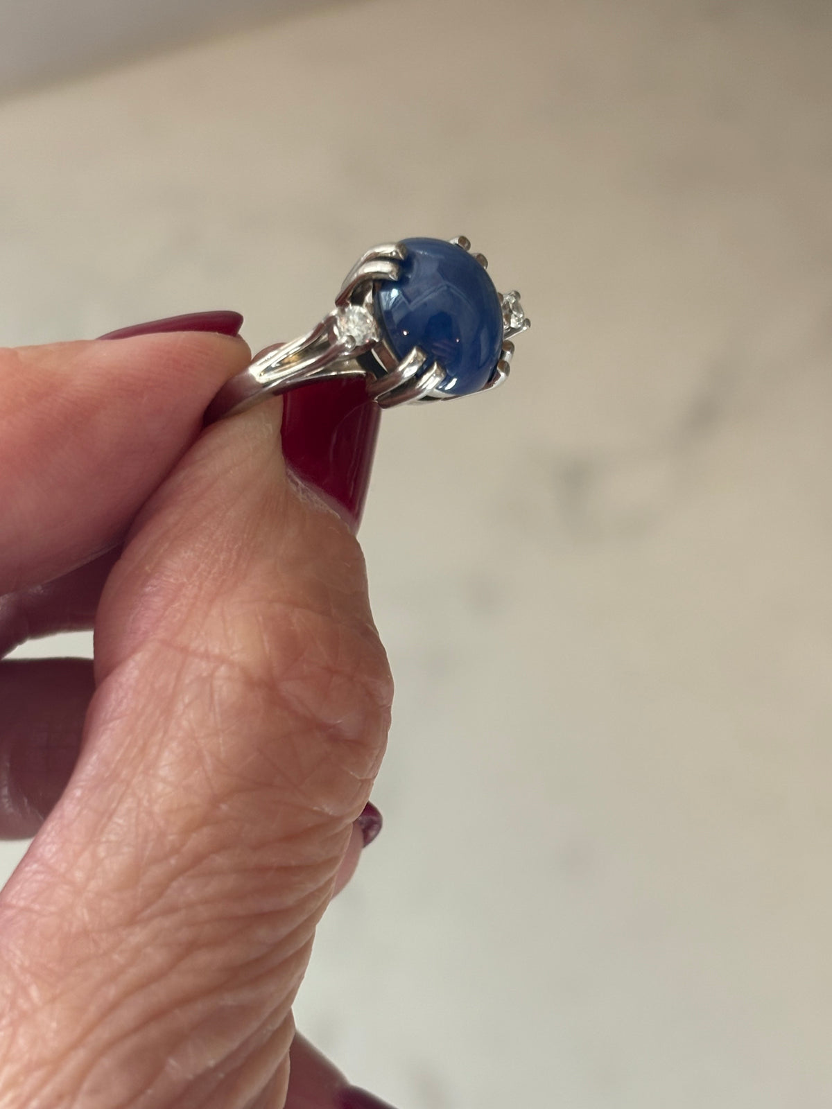 Lindy Blue Sapphire Star Ring, Diamond Accents, 14K White Gold, Mid-Century Statement