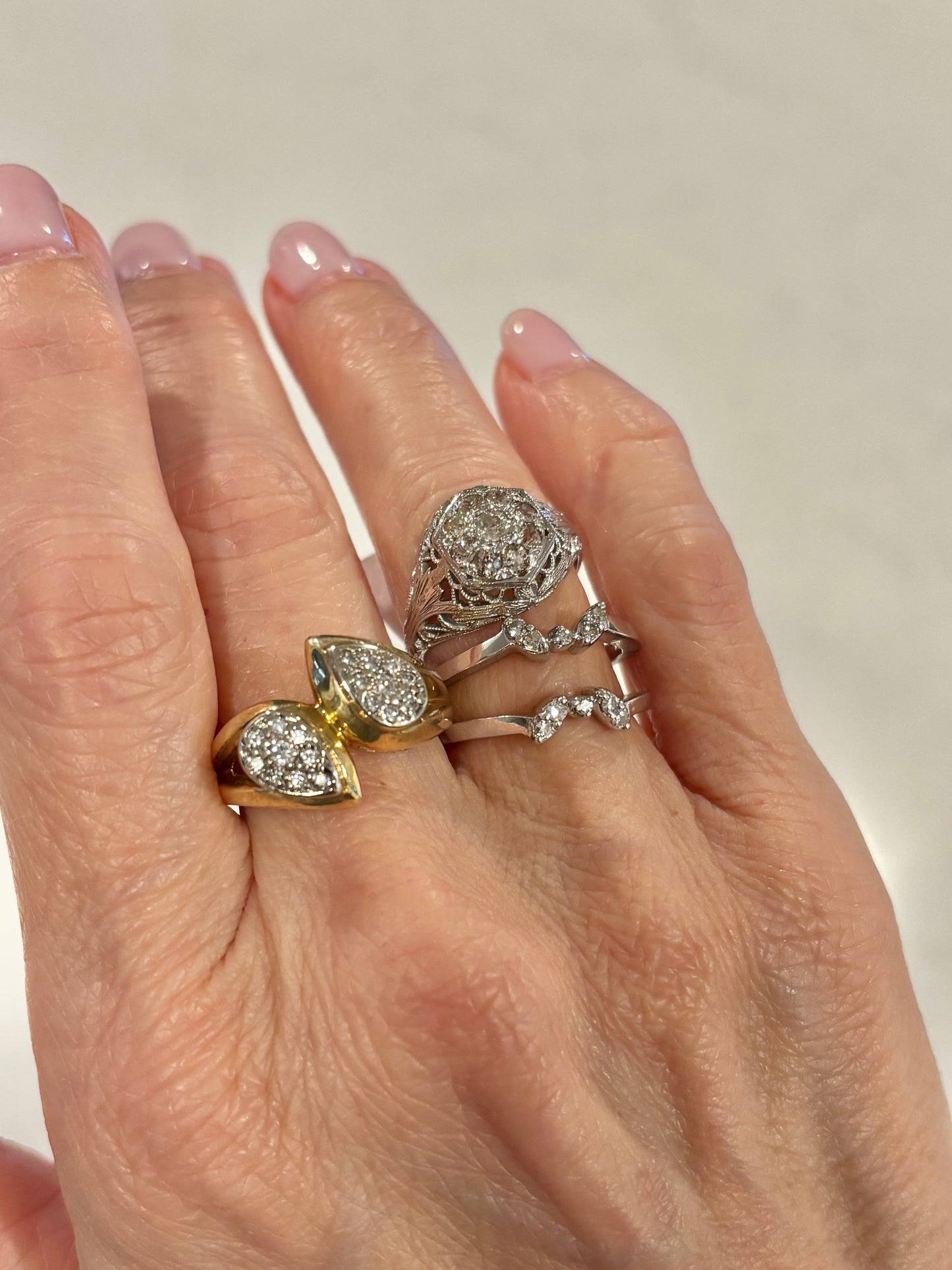 Vintage 14K White Gold Diamond Ring | Curved Open Band Statement Ring
