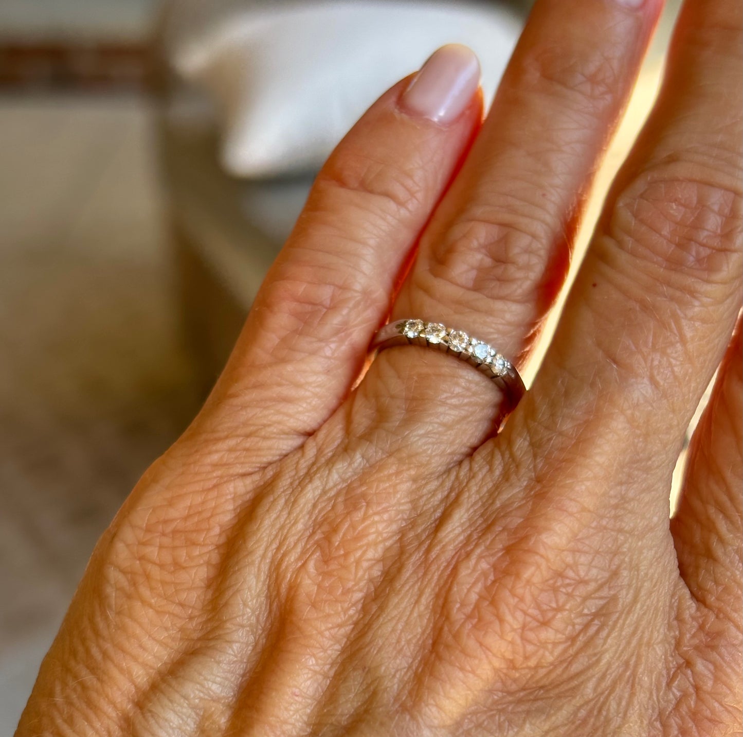 Vintage 14k White Gold Diamond Band - Five Stone Anniversary Ring, Classic Stackable Wedding Band