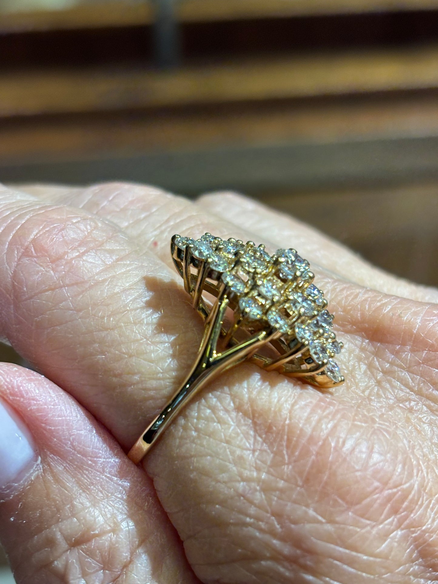 Vintage 14K Yellow Gold Natural 3 Carat Diamond Cluster Marquise Statement Cocktail Ring