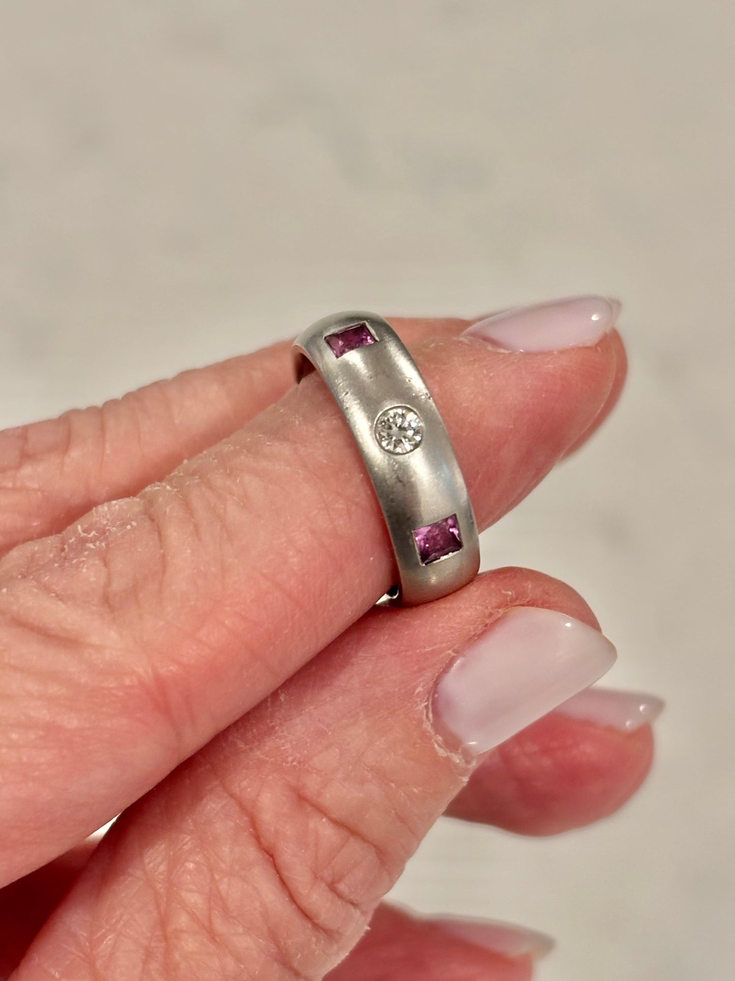 Custom 14k White Gold Satin Band with Pink Sapphires & Natural Diamond Eternity Ring