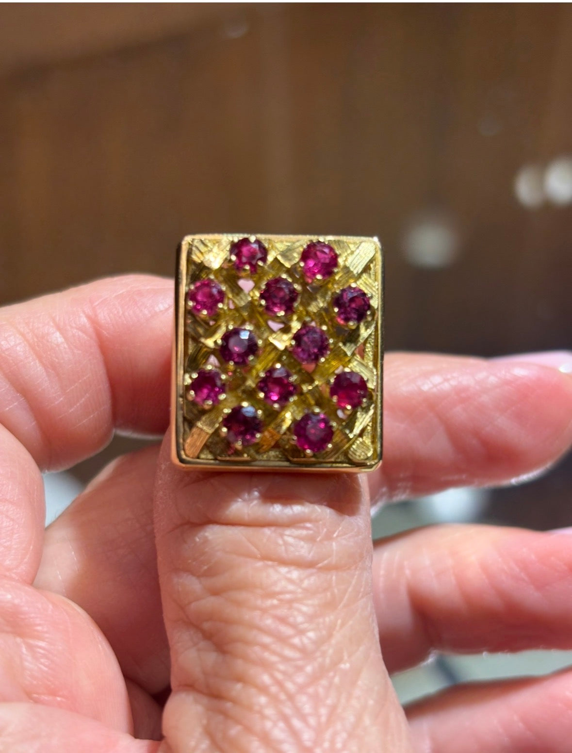 18K Yellow Gold Lattice Ruby Cocktail Ring: Mid-Century Geometric Design