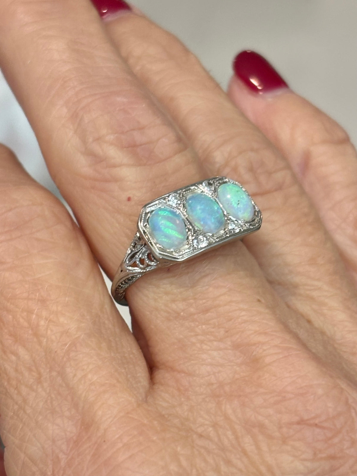 Vintage Three-Stone Natural Opal Ring, Diamond Accents, Art Deco Filigree Setting, 14K White Gold