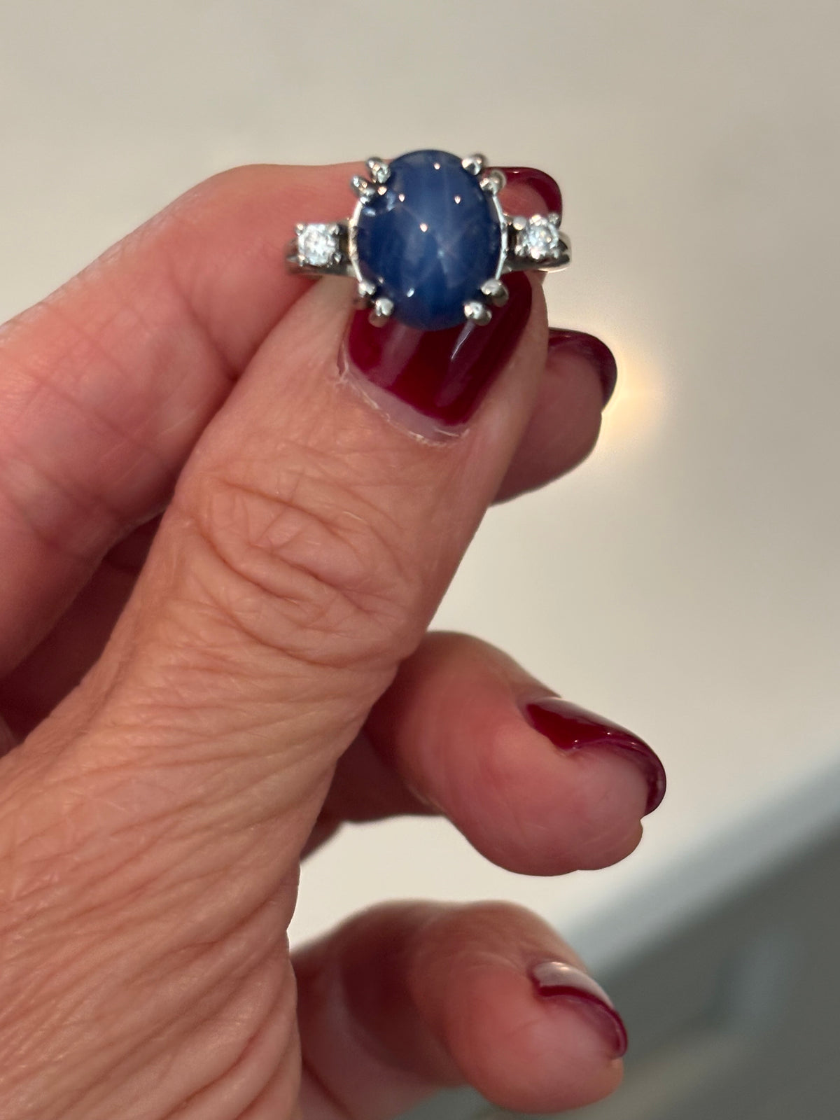Lindy Blue Sapphire Star Ring, Diamond Accents, 14K White Gold, Mid-Century Statement