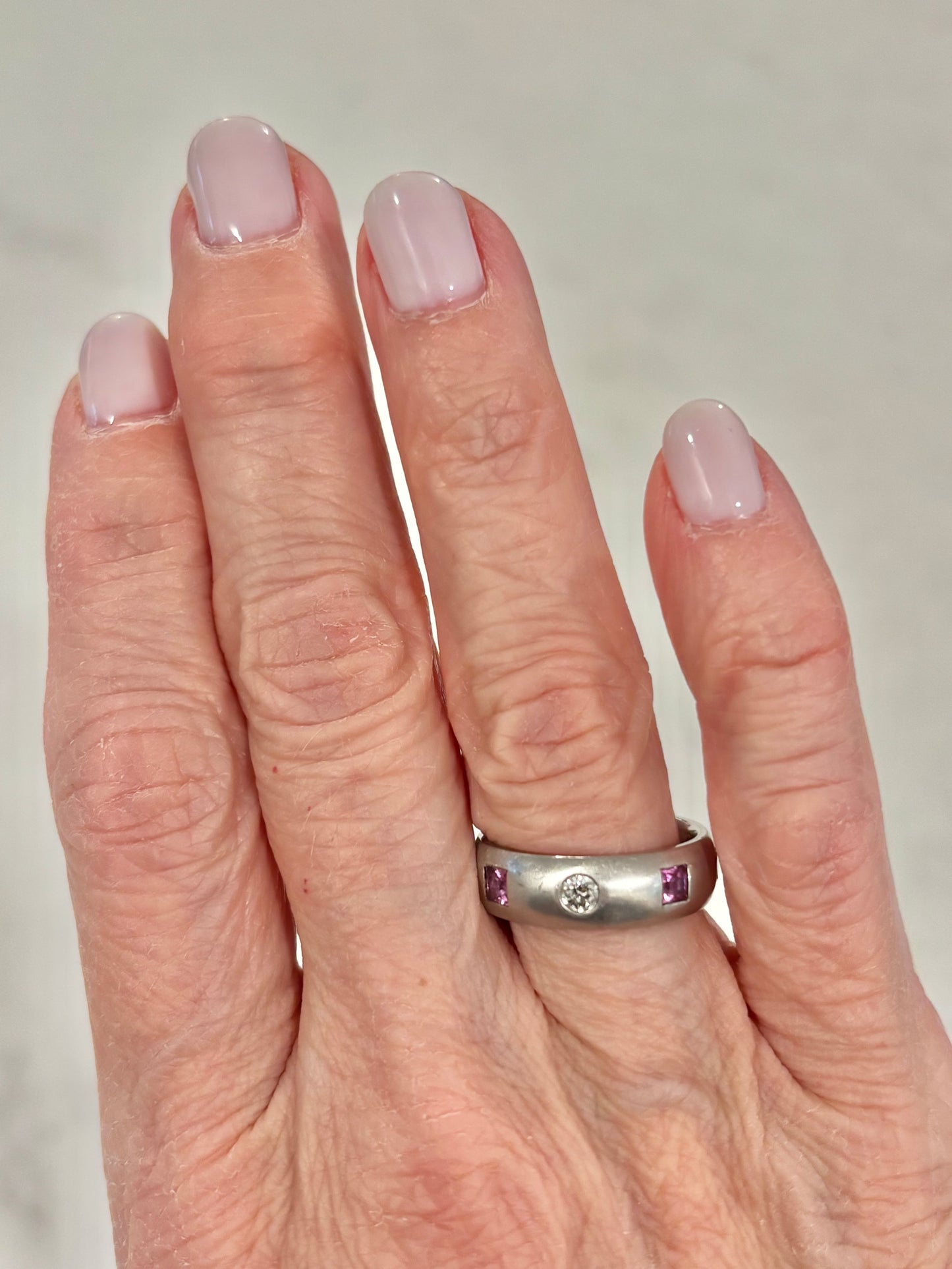 Custom 14k White Gold Satin Band with Pink Sapphires & Natural Diamond Eternity Ring