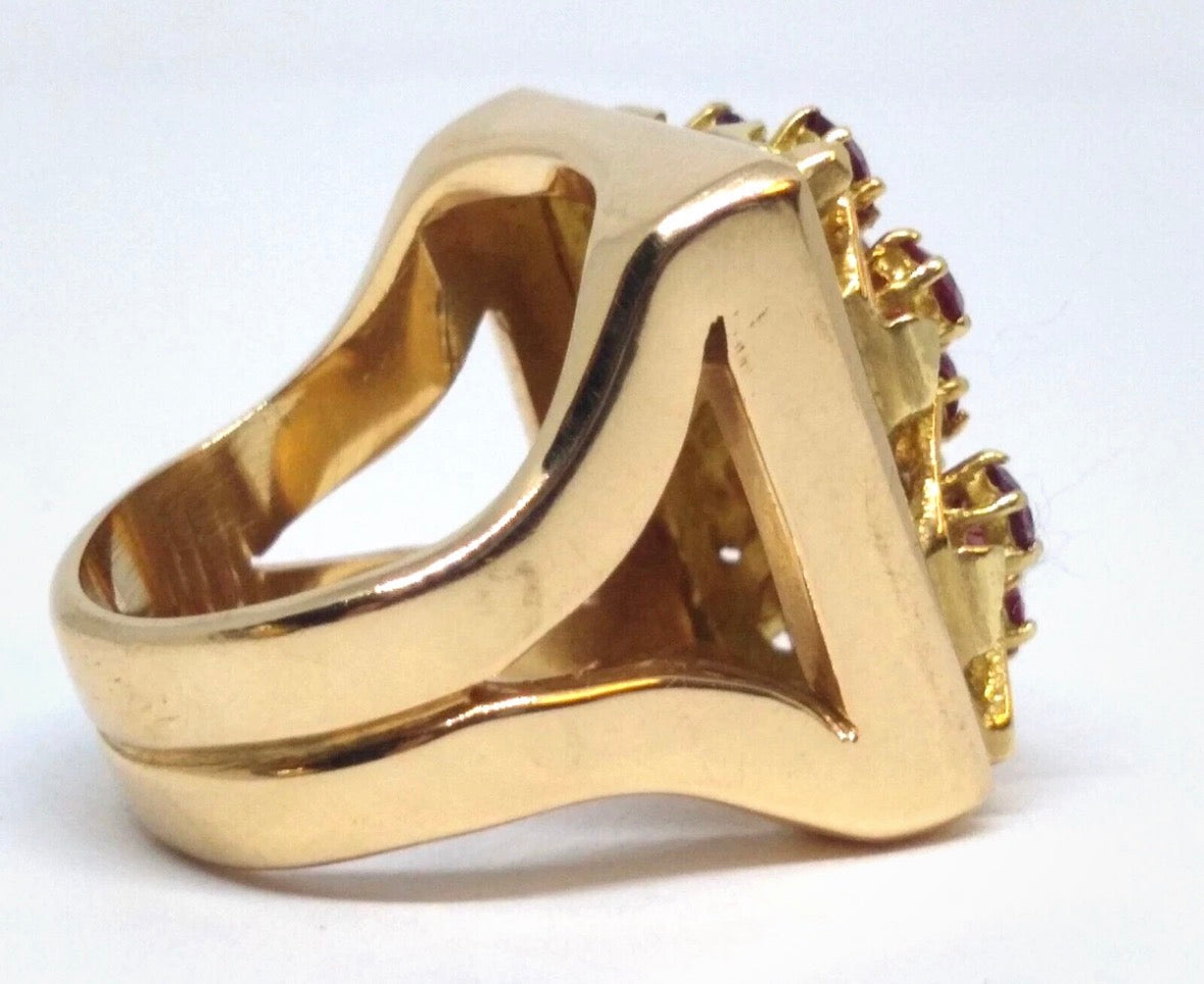 18K Yellow Gold Lattice Ruby Cocktail Ring: Mid-Century Geometric Design