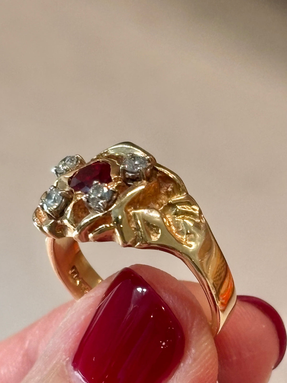 Vintage 14K Gold Ruby Diamond Cocktail Ring | Estate Fine Jewelry