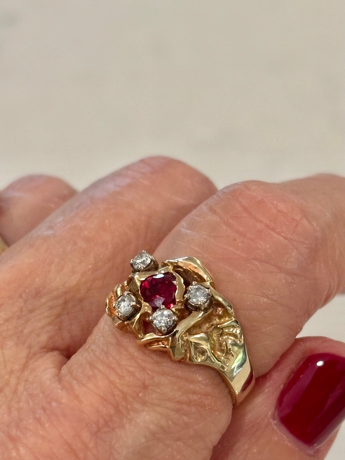 Vintage 14K Gold Ruby Diamond Cocktail Ring | Estate Fine Jewelry
