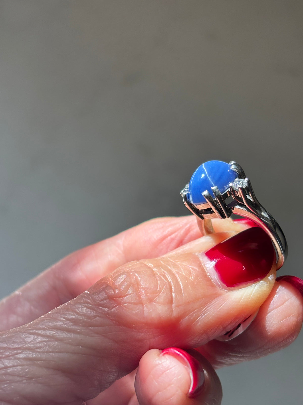 Lindy Blue Sapphire Star Ring, Diamond Accents, 14K White Gold, Mid-Century Statement