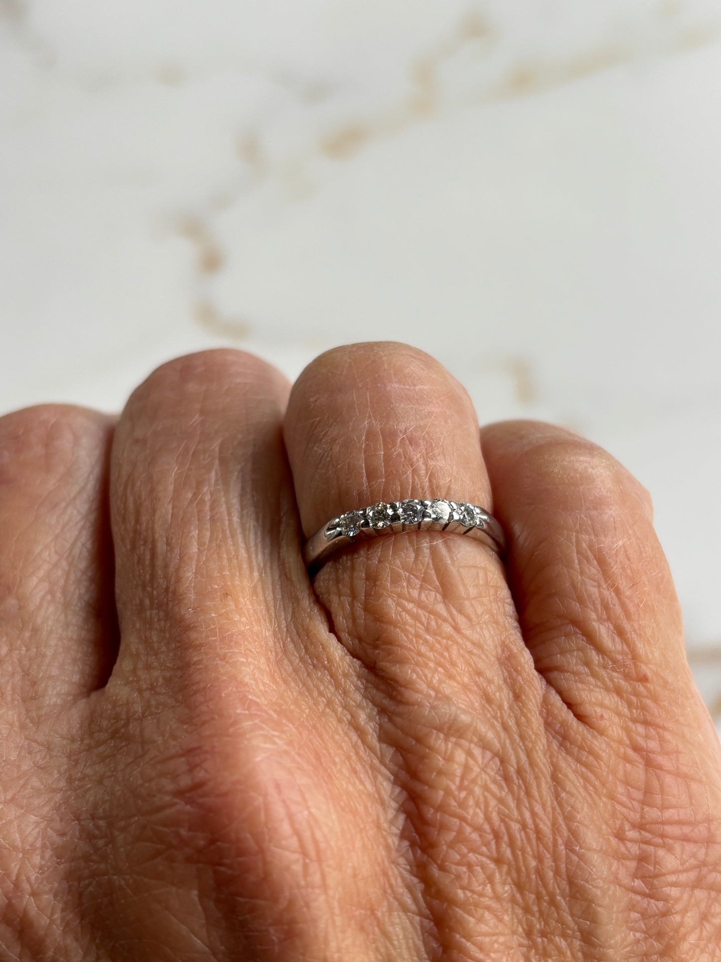 Vintage 14k White Gold Diamond Band - Five Stone Anniversary Ring, Classic Stackable Wedding Band