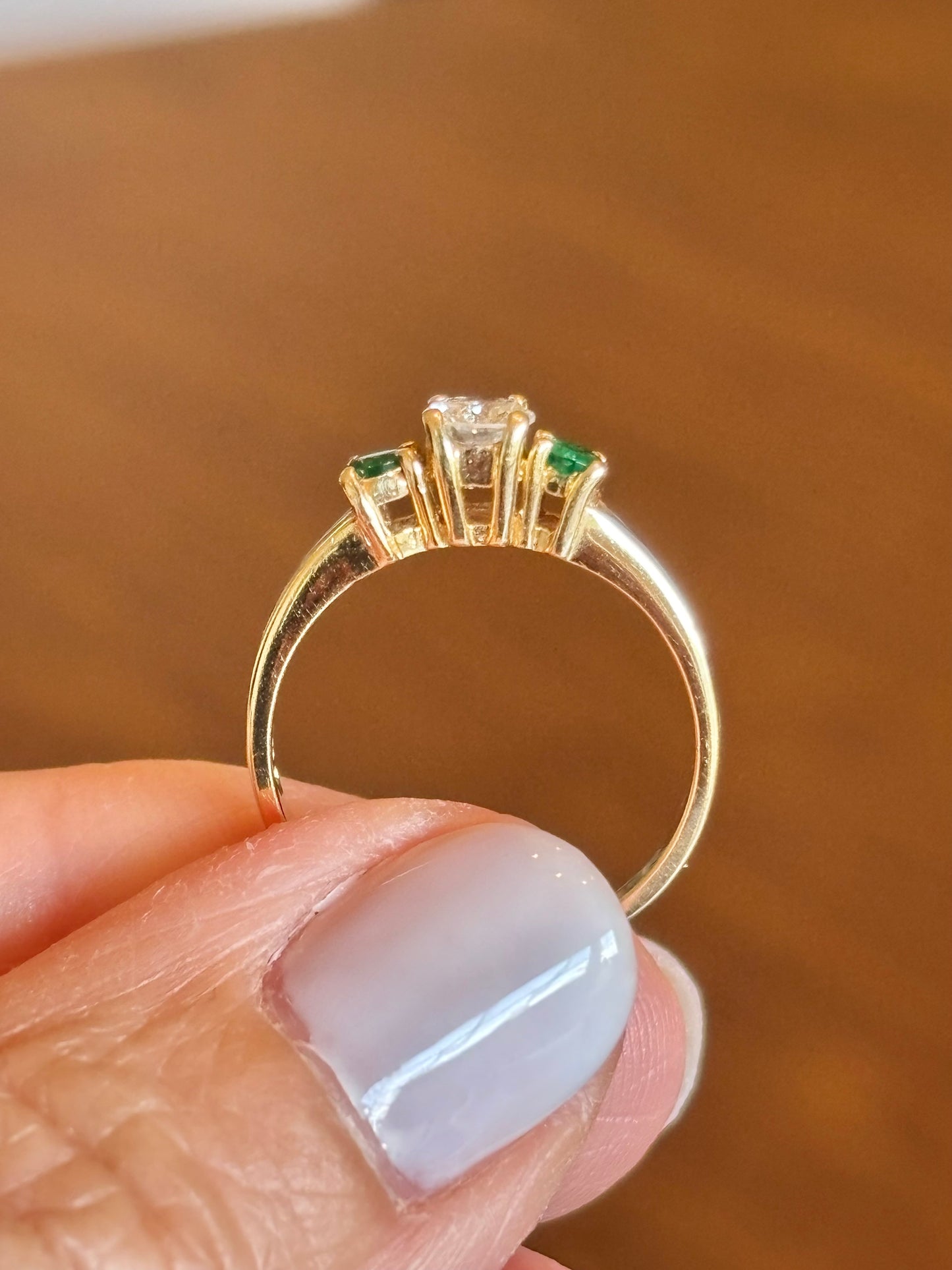 Vintage 14K Yellow Gold Emerald & Diamond Three Stone Ring | Classic Estate Fine Jewelry