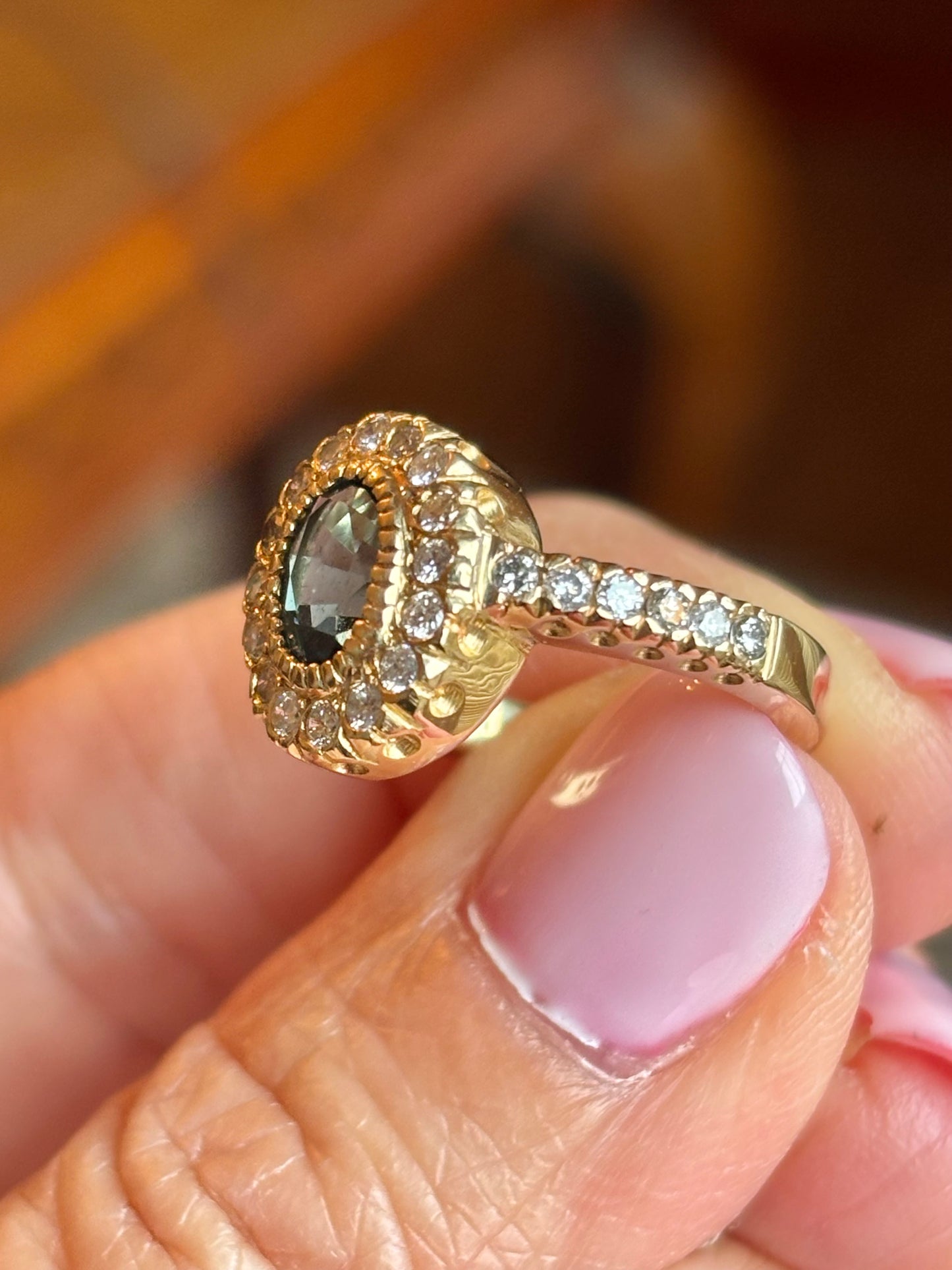 Custom London Topaz & Diamond Halo Ring in 14K Gold | One-of-a-Kind Statement Ring