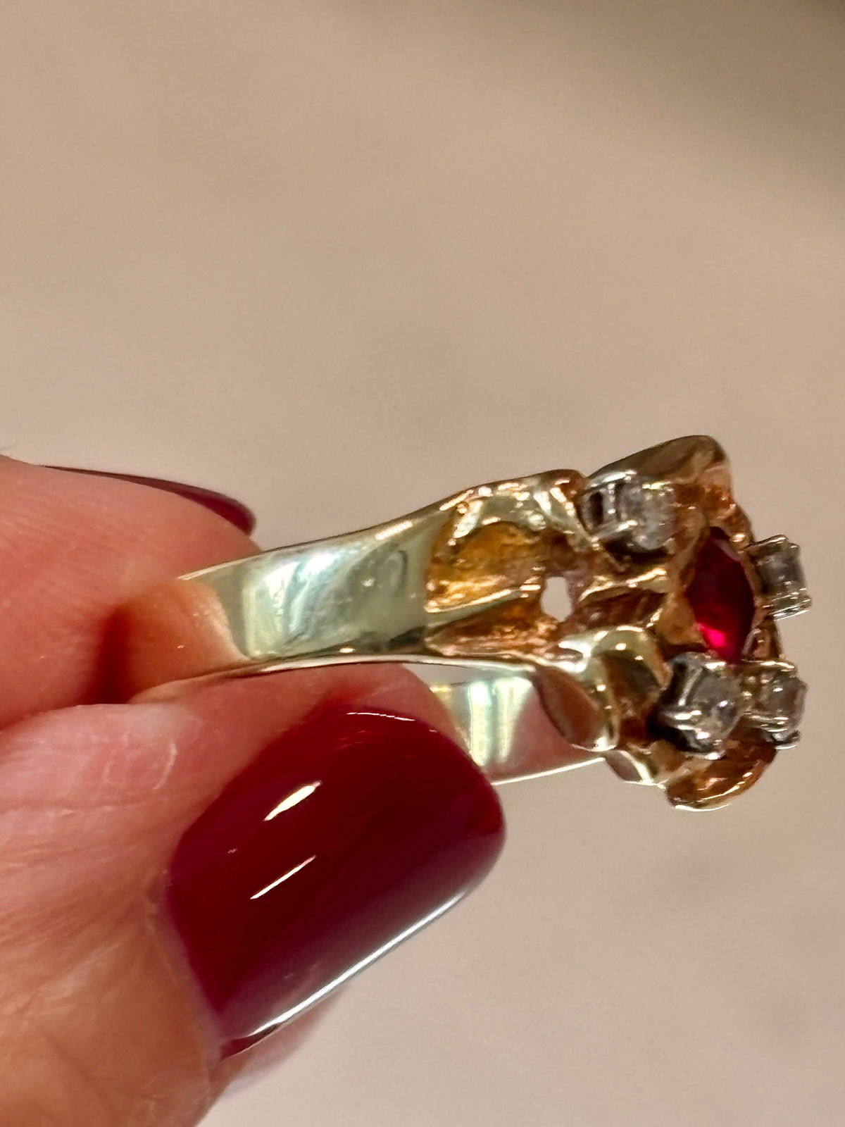 Vintage 14K Gold Ruby Diamond Cocktail Ring | Estate Fine Jewelry