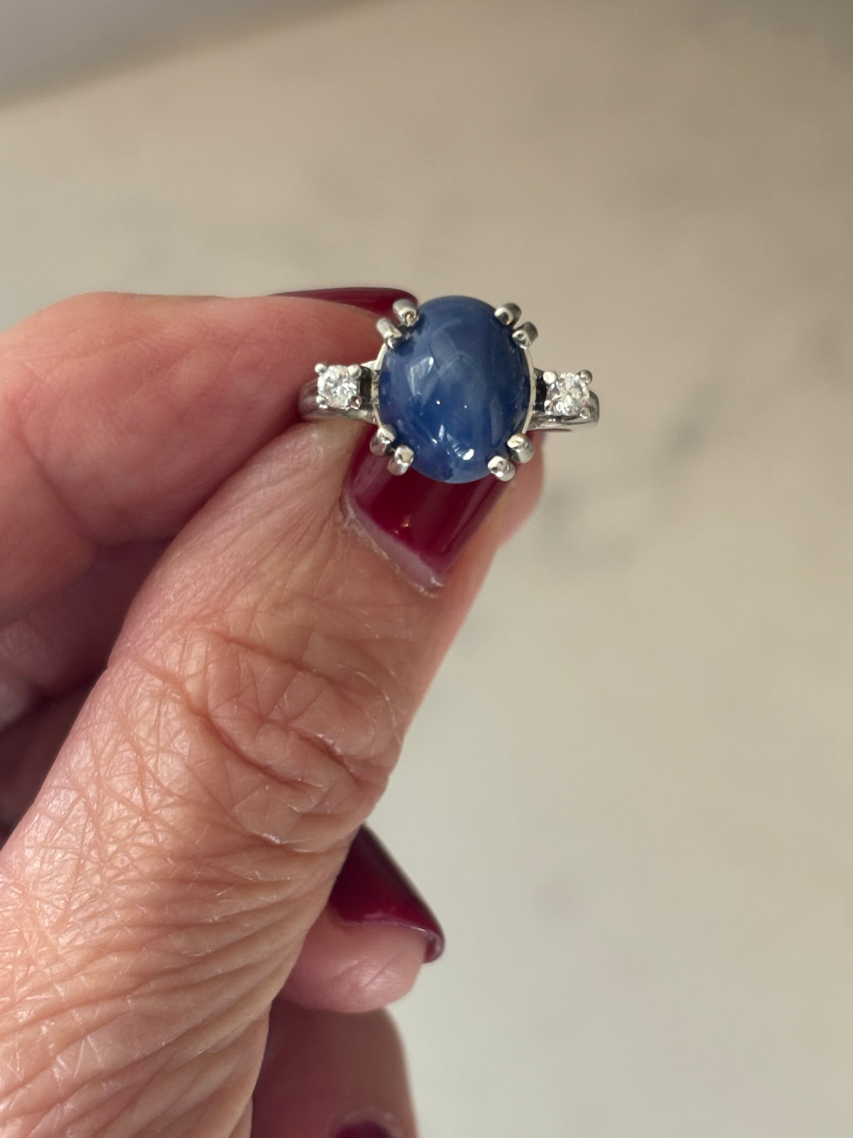 Lindy Blue Sapphire Star Ring, Diamond Accents, 14K White Gold, Mid-Century Statement