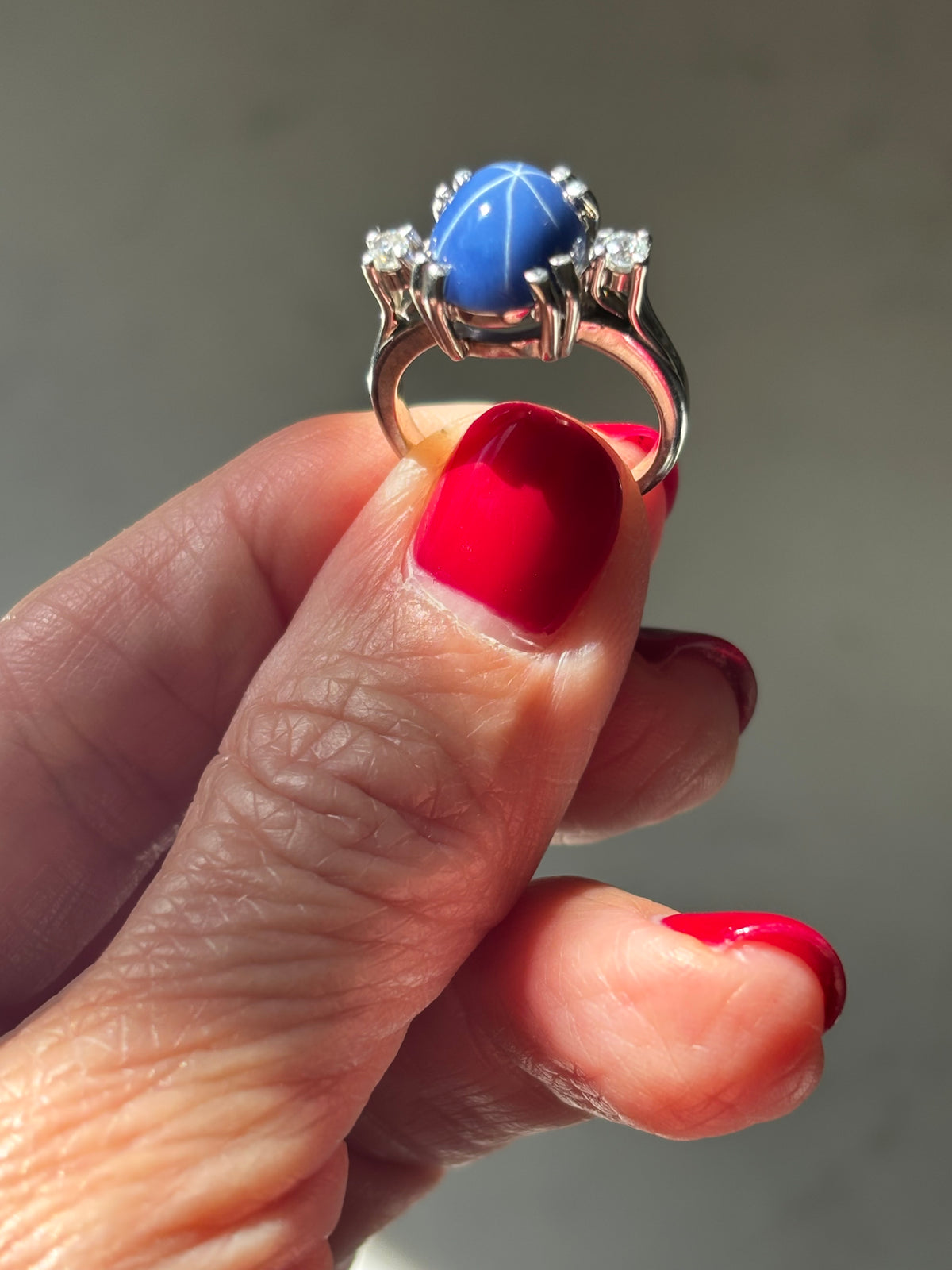 Lindy Blue Sapphire Star Ring, Diamond Accents, 14K White Gold, Mid-Century Statement