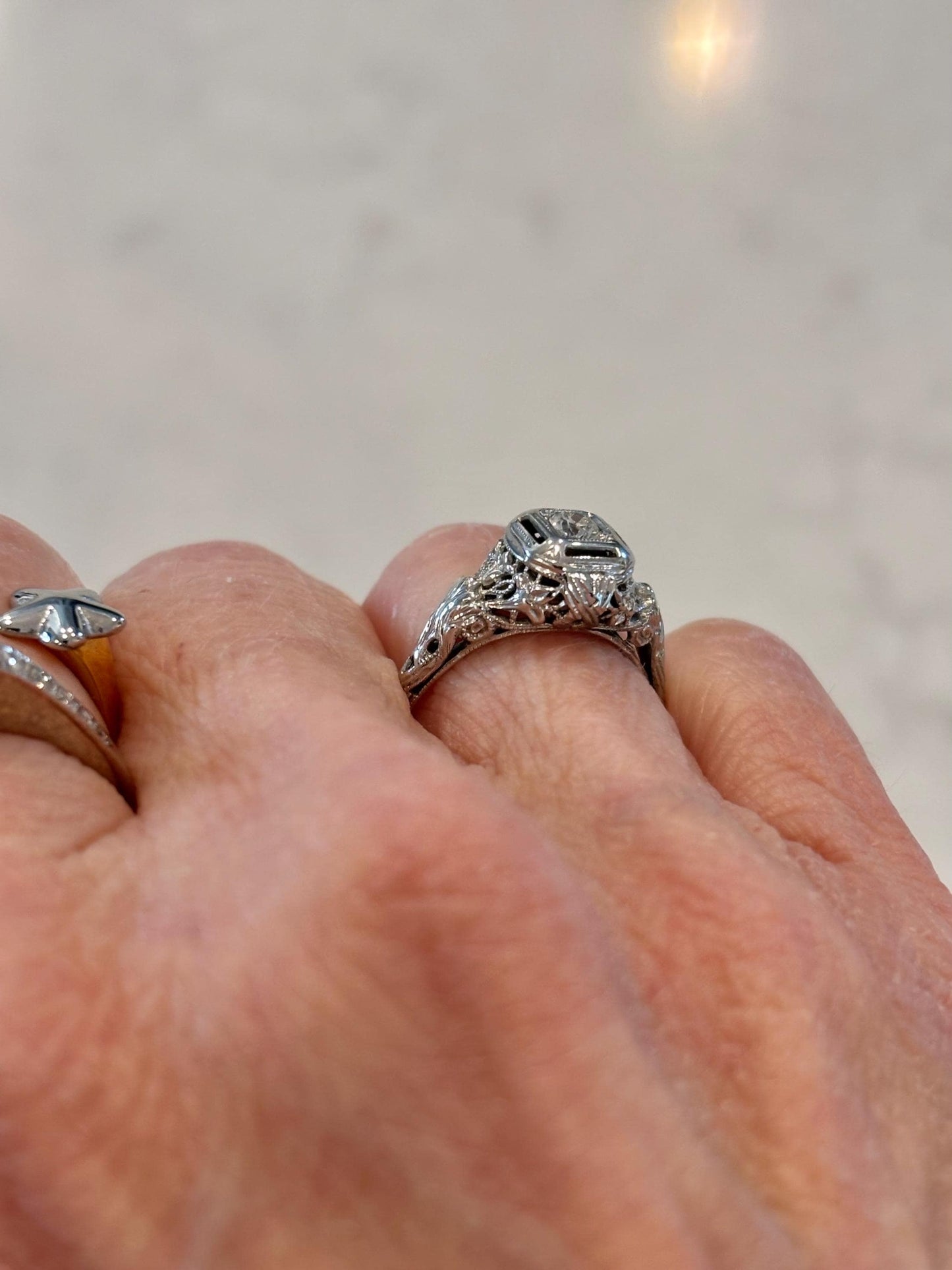 Antique Diamond Ring 18k White Gold | Filigree Estate Ring | Heirloom Fine Jewelry
