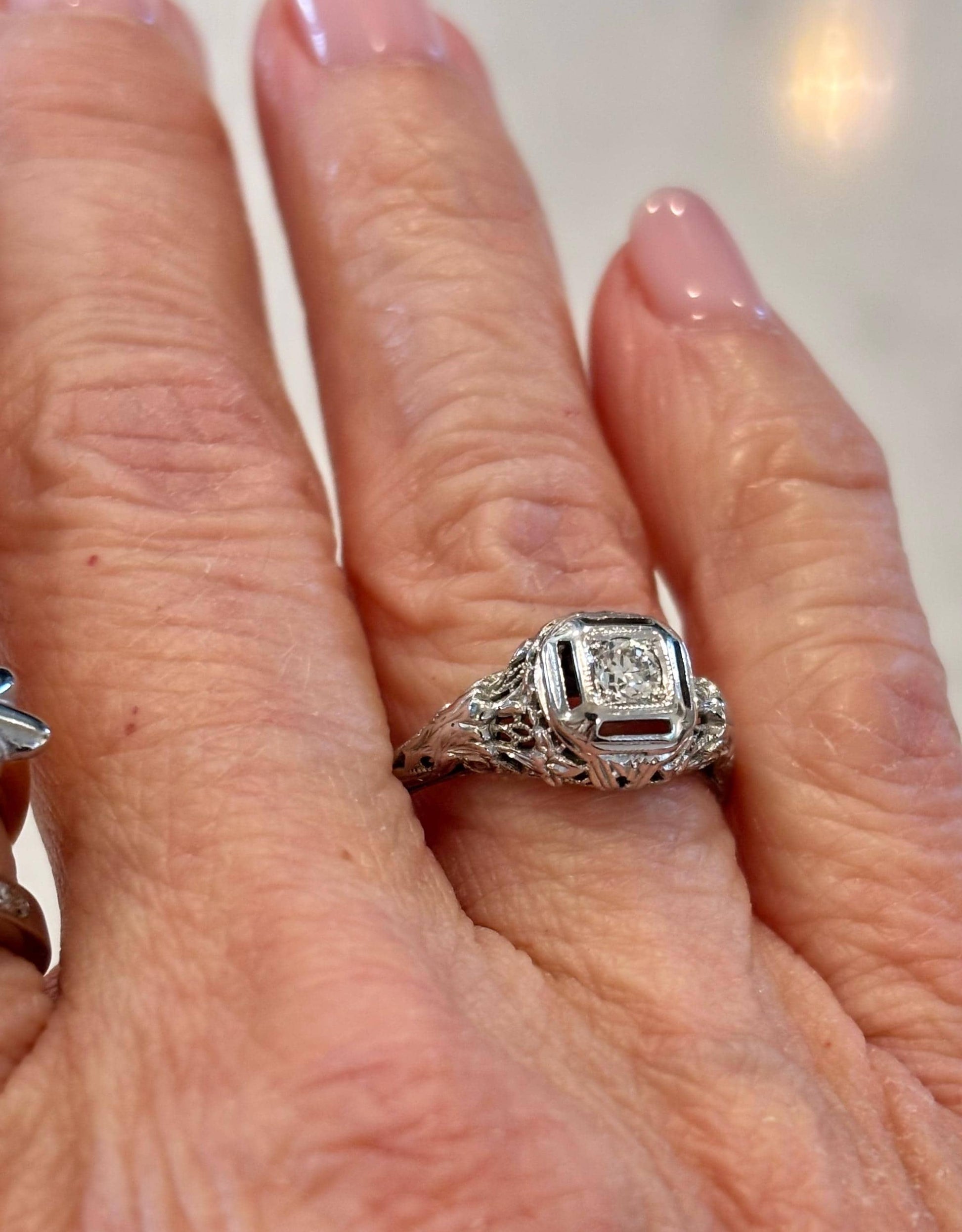 Antique Diamond Ring 18k White Gold | Filigree Estate Ring | Heirloom Fine Jewelry