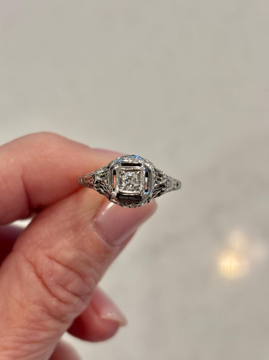 Antique Diamond Ring 18k White Gold | Filigree Estate Ring | Heirloom Fine Jewelry