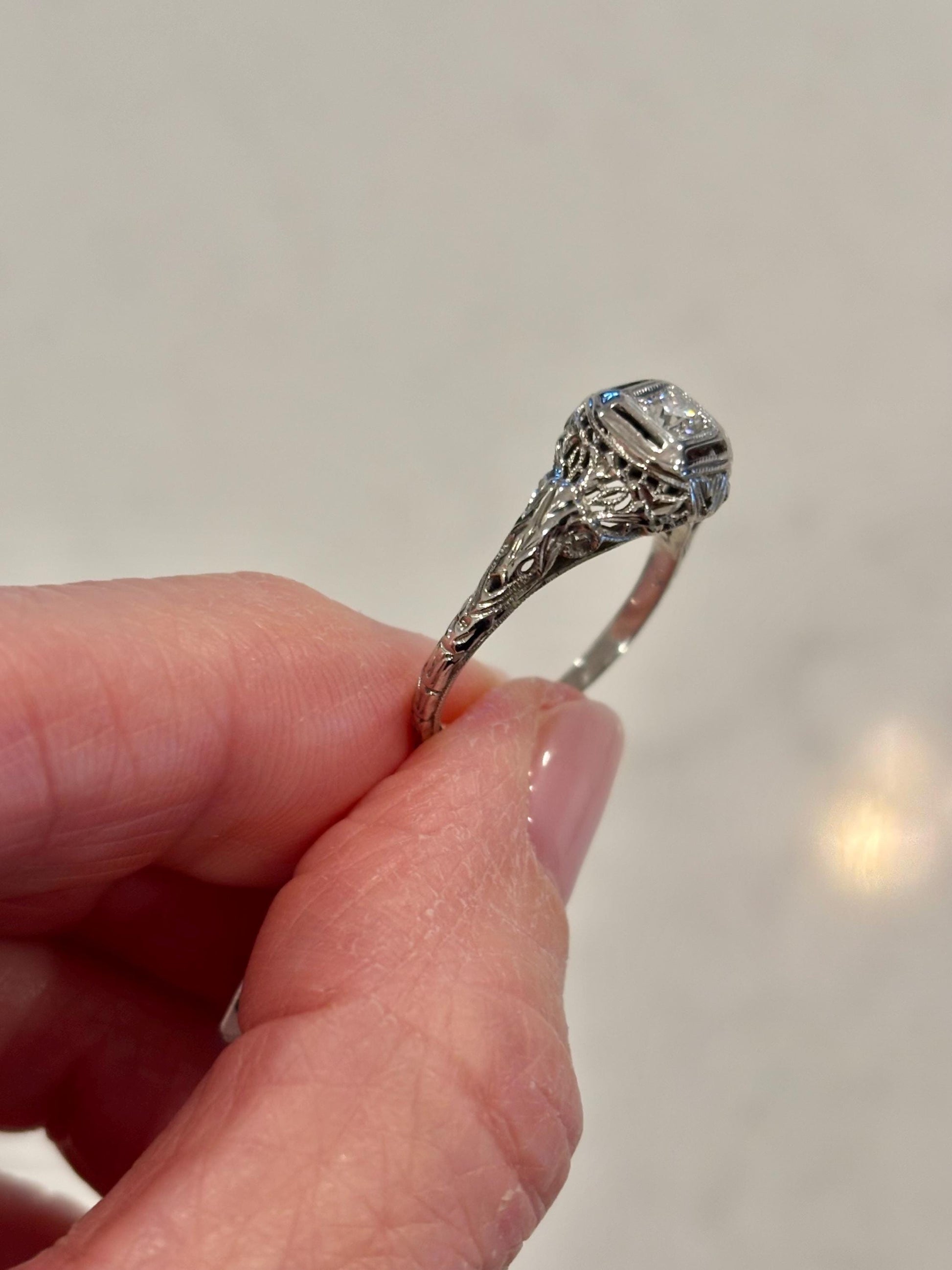 Antique Diamond Ring 18k White Gold | Filigree Estate Ring | Heirloom Fine Jewelry