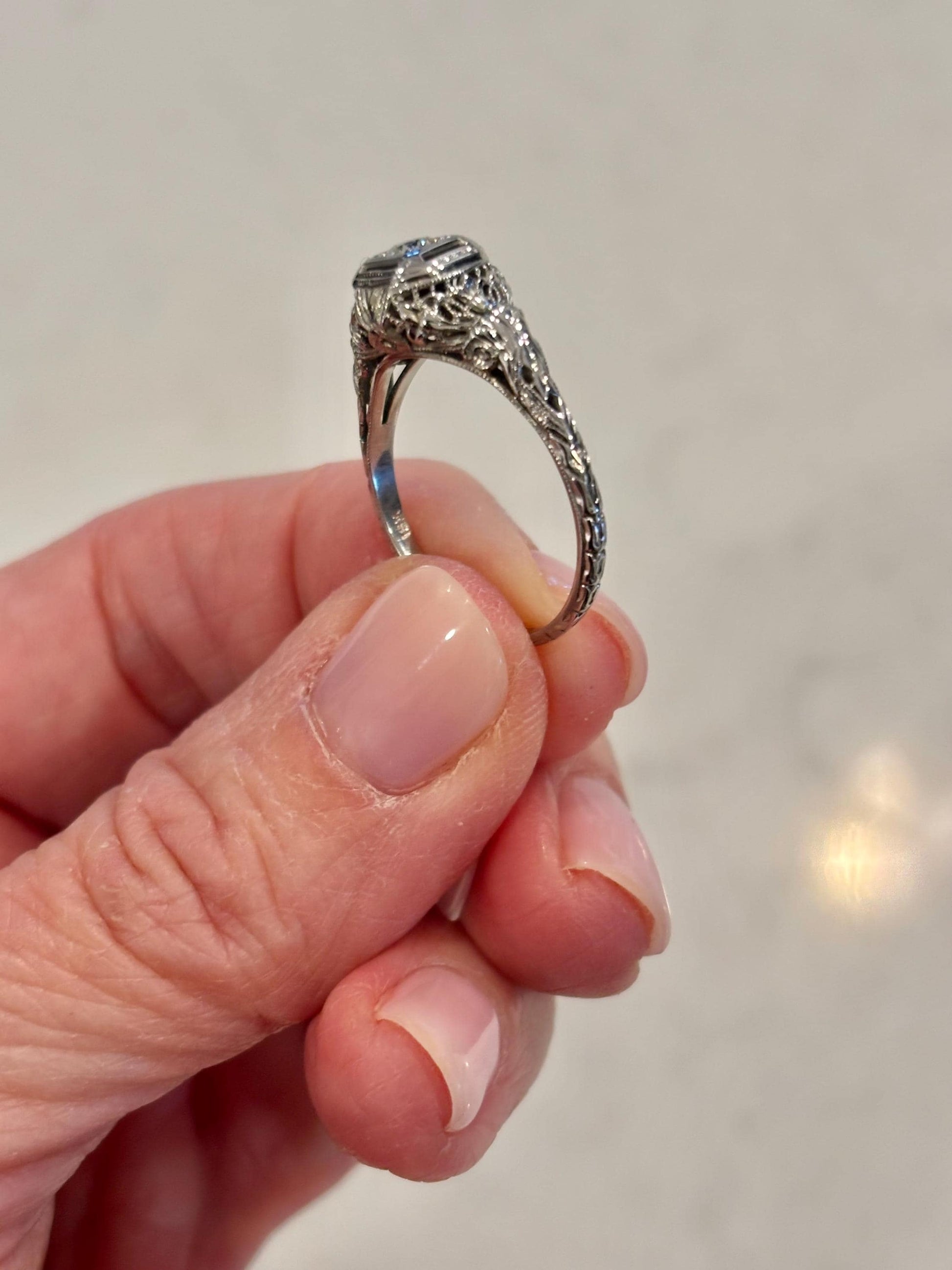 Antique Diamond Ring 18k White Gold | Filigree Estate Ring | Heirloom Fine Jewelry