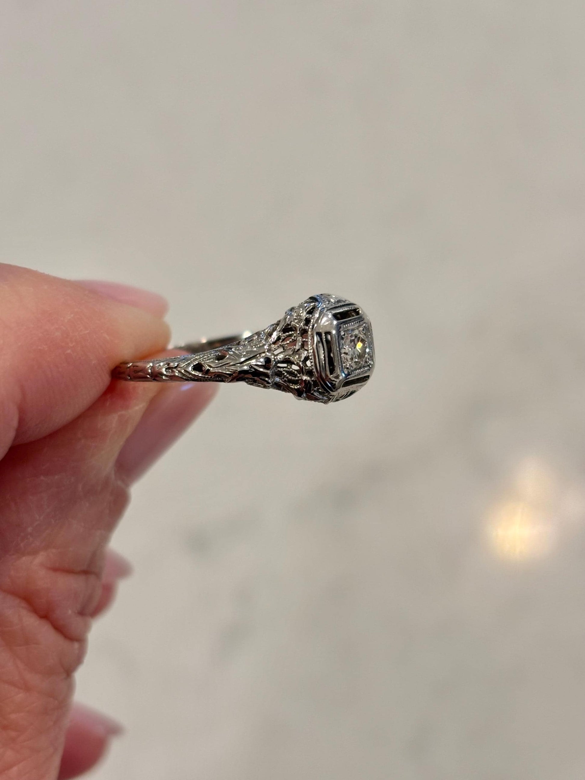 Antique Diamond Ring 18k White Gold | Filigree Estate Ring | Heirloom Fine Jewelry