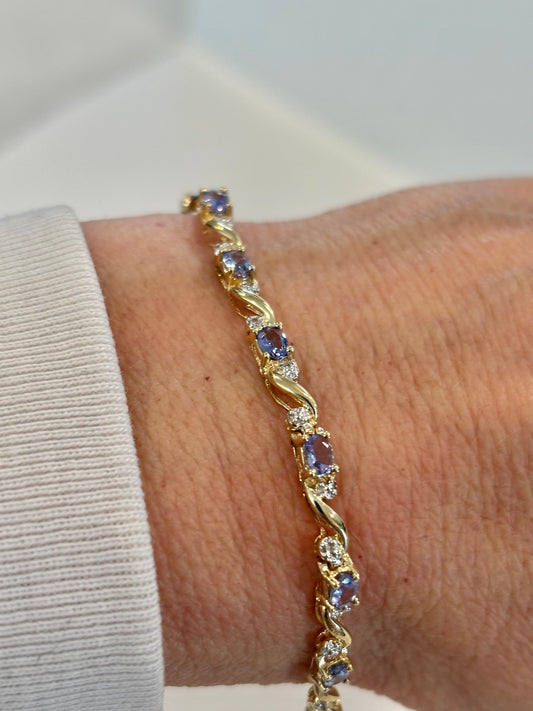 Vintage 10K Yellow Gold Iolite and Diamond Tennis Bracelet - Deep Violet Brilliance