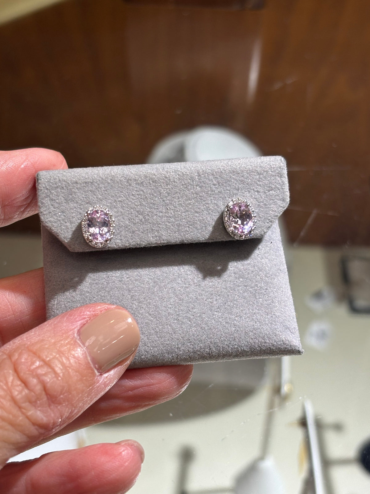 Vintage Pink Topaz & Diamond Halo Earrings in 14k White Gold