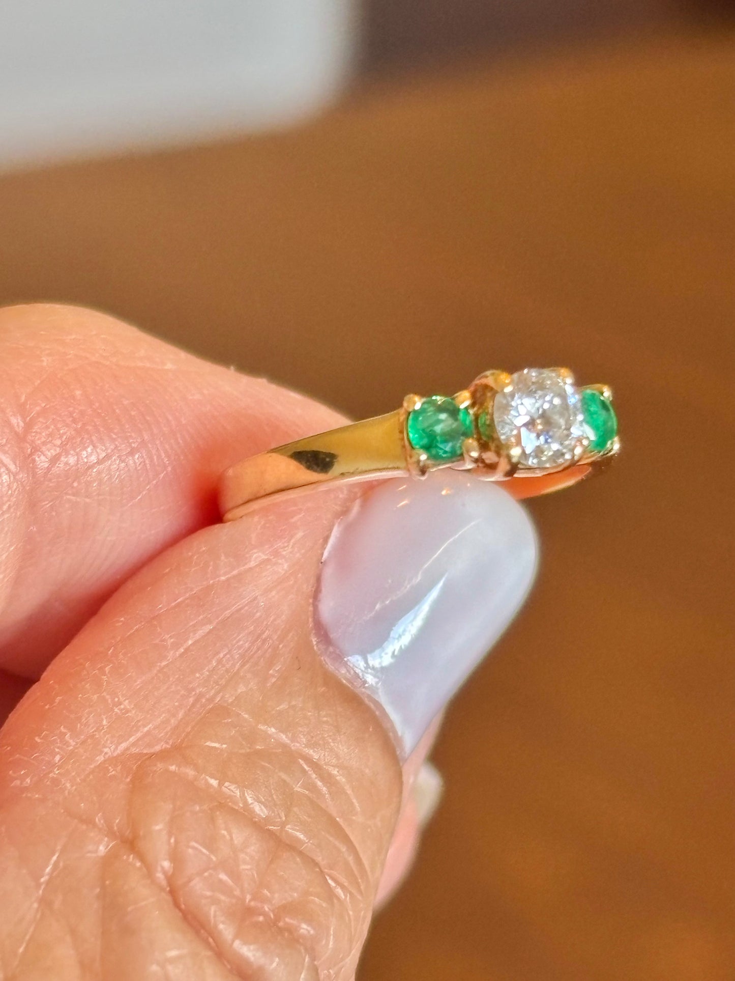 Vintage 14K Yellow Gold Emerald & Diamond Three Stone Ring | Classic Estate Fine Jewelry