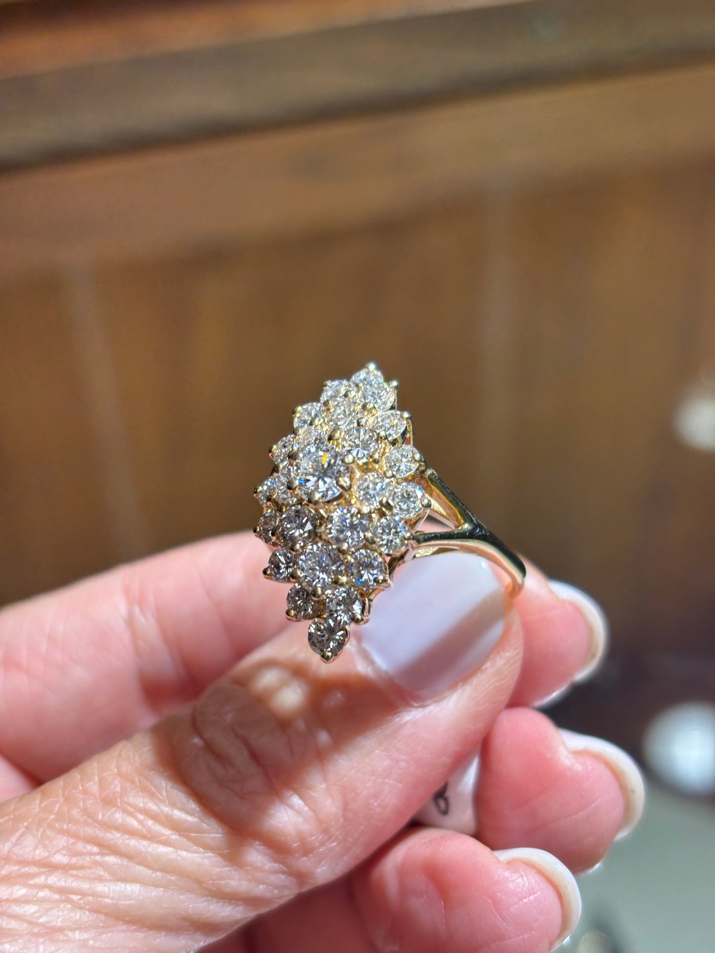 Vintage 14K Yellow Gold Natural 3 Carat Diamond Cluster Marquise Statement Cocktail Ring