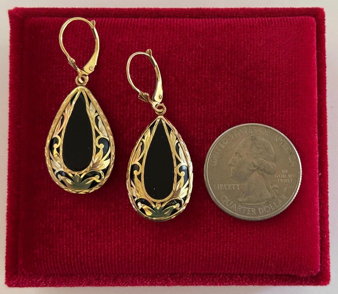 Vintage Elegance: 14k Gold and Black Onyx Teardrop Earrings