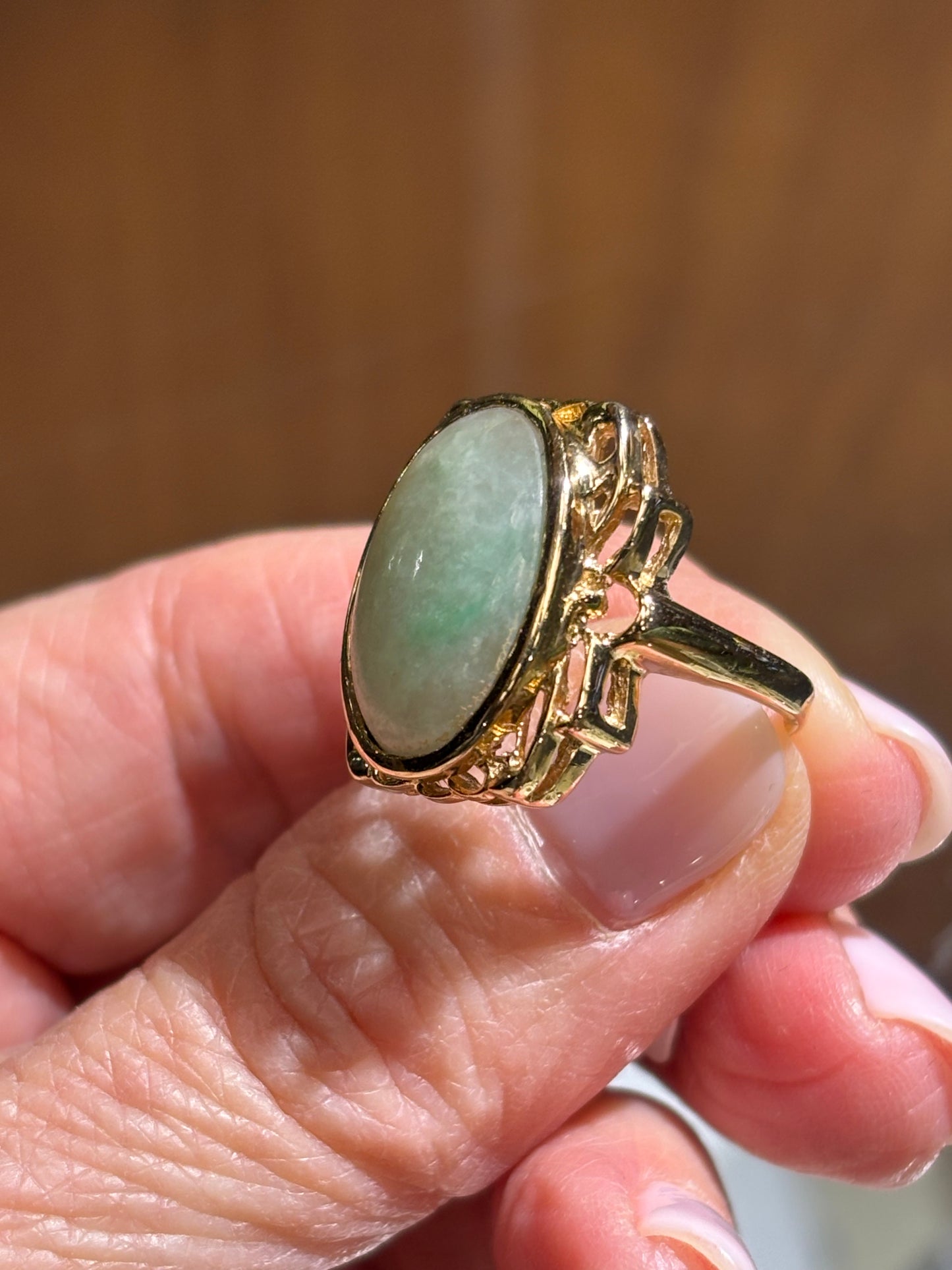 Vintage 14K Yellow Gold Jade Ring - Oval Cabochon Statement Jewelry