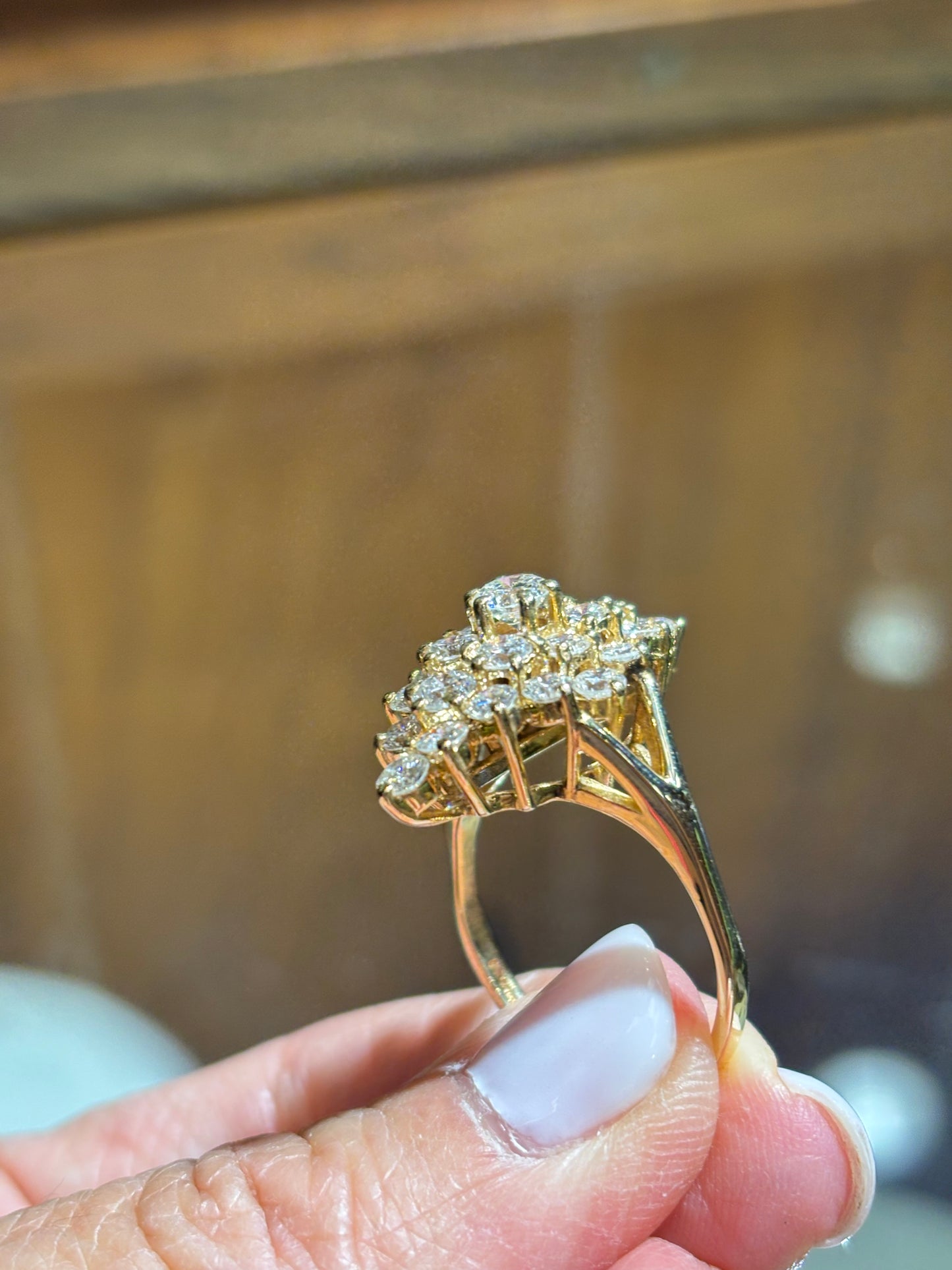 Vintage 14K Yellow Gold Natural 3 Carat Diamond Cluster Marquise Statement Cocktail Ring