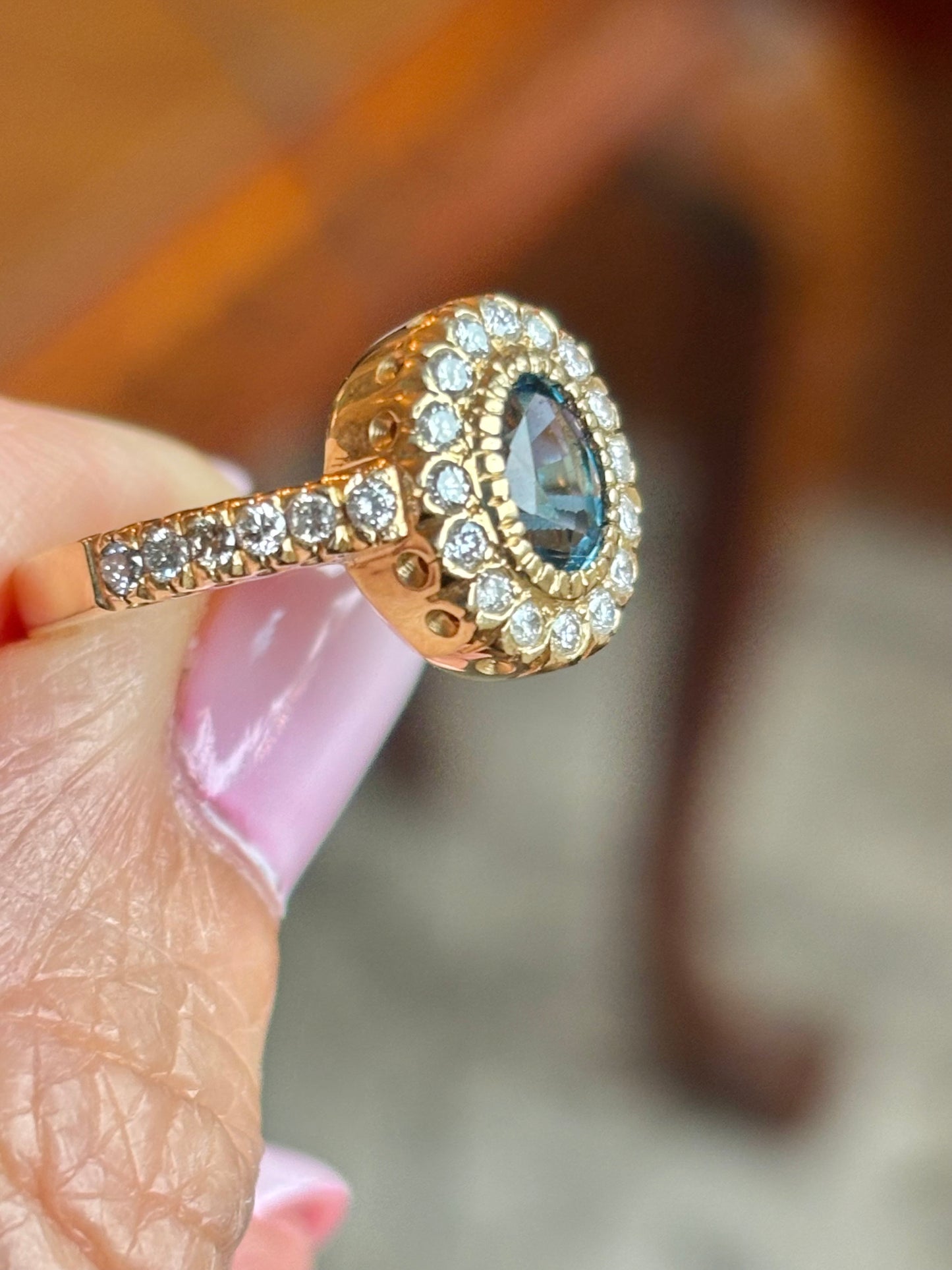 Custom London Topaz & Diamond Halo Ring in 14K Gold | One-of-a-Kind Statement Ring