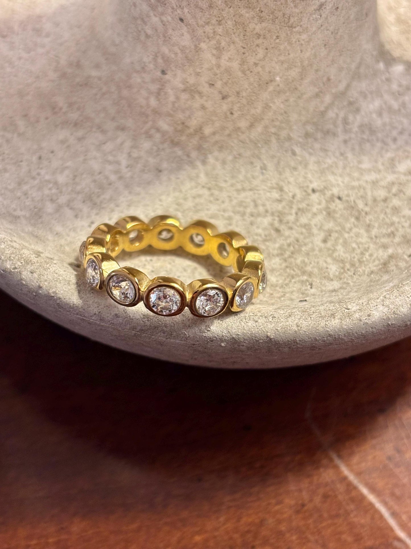 Bezel-Set Cubic Zirconia Eternity Band | 18K Gold Plated Stainless Steel | Stackable Gold Ring