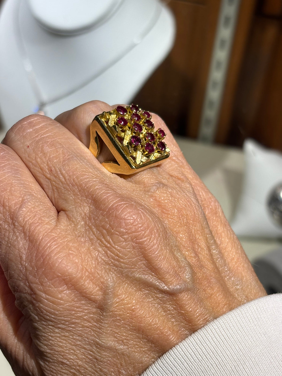 18K Yellow Gold Lattice Ruby Cocktail Ring: Mid-Century Geometric Design
