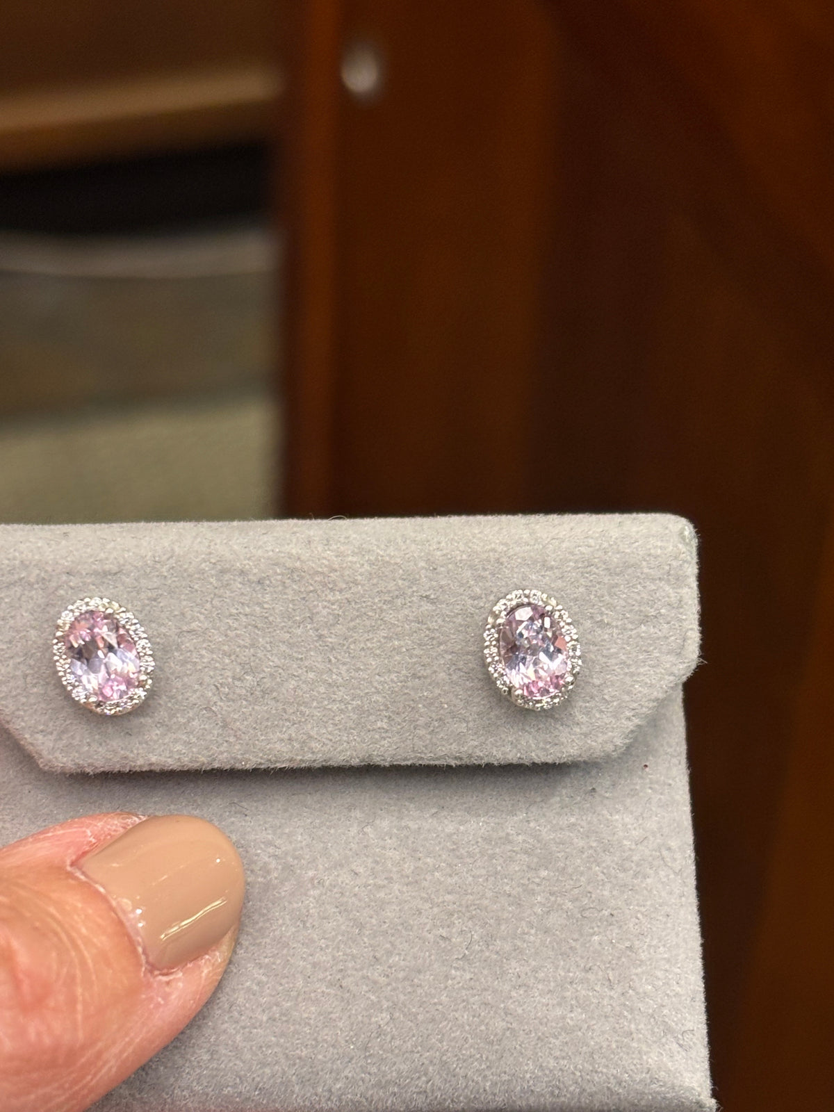 Vintage Pink Topaz & Diamond Halo Earrings in 14k White Gold