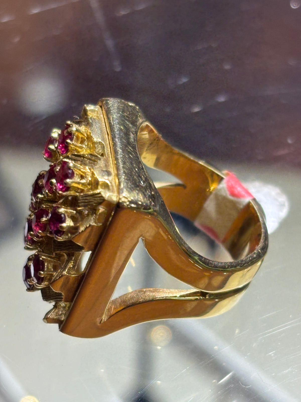 18K Yellow Gold Lattice Ruby Cocktail Ring: Mid-Century Geometric Design