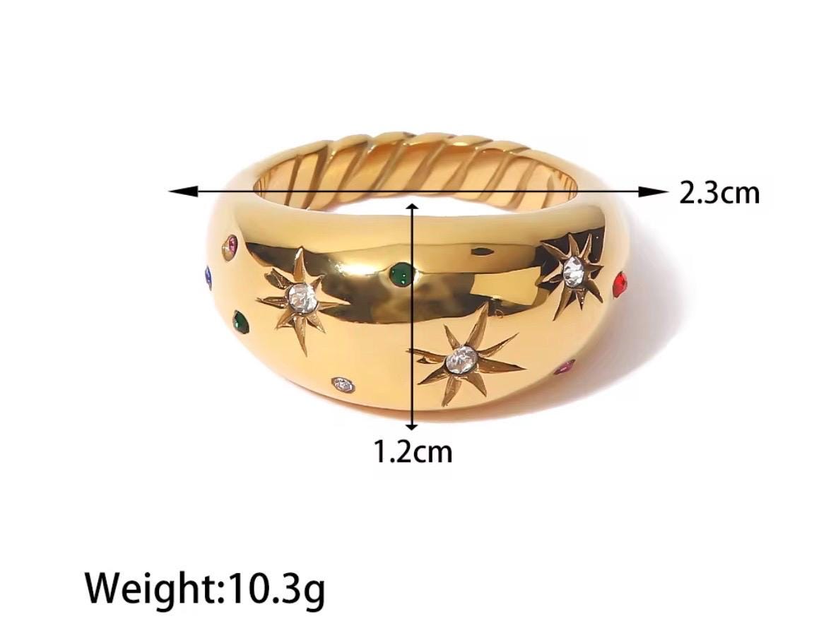 Chunky Celestial Star Band Ring | 18K Gold Plated Stainless Steel | Vintage-Inspired Statement Ring