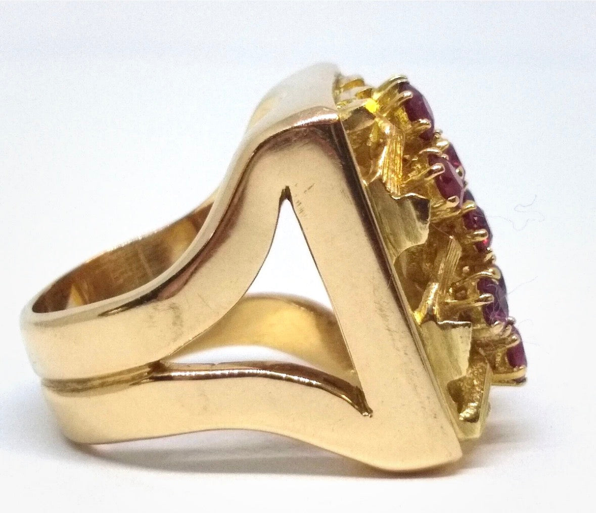 18K Yellow Gold Lattice Ruby Cocktail Ring: Mid-Century Geometric Design
