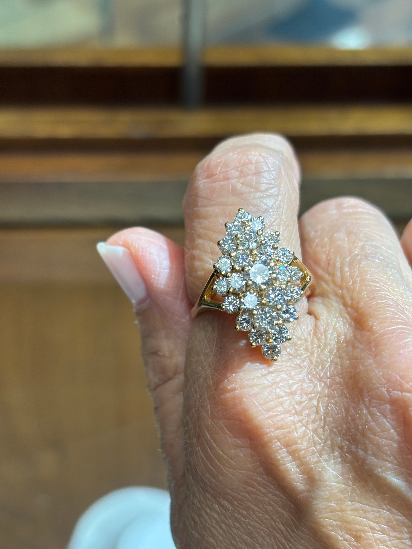 Vintage 14K Yellow Gold Natural 3 Carat Diamond Cluster Marquise Statement Cocktail Ring