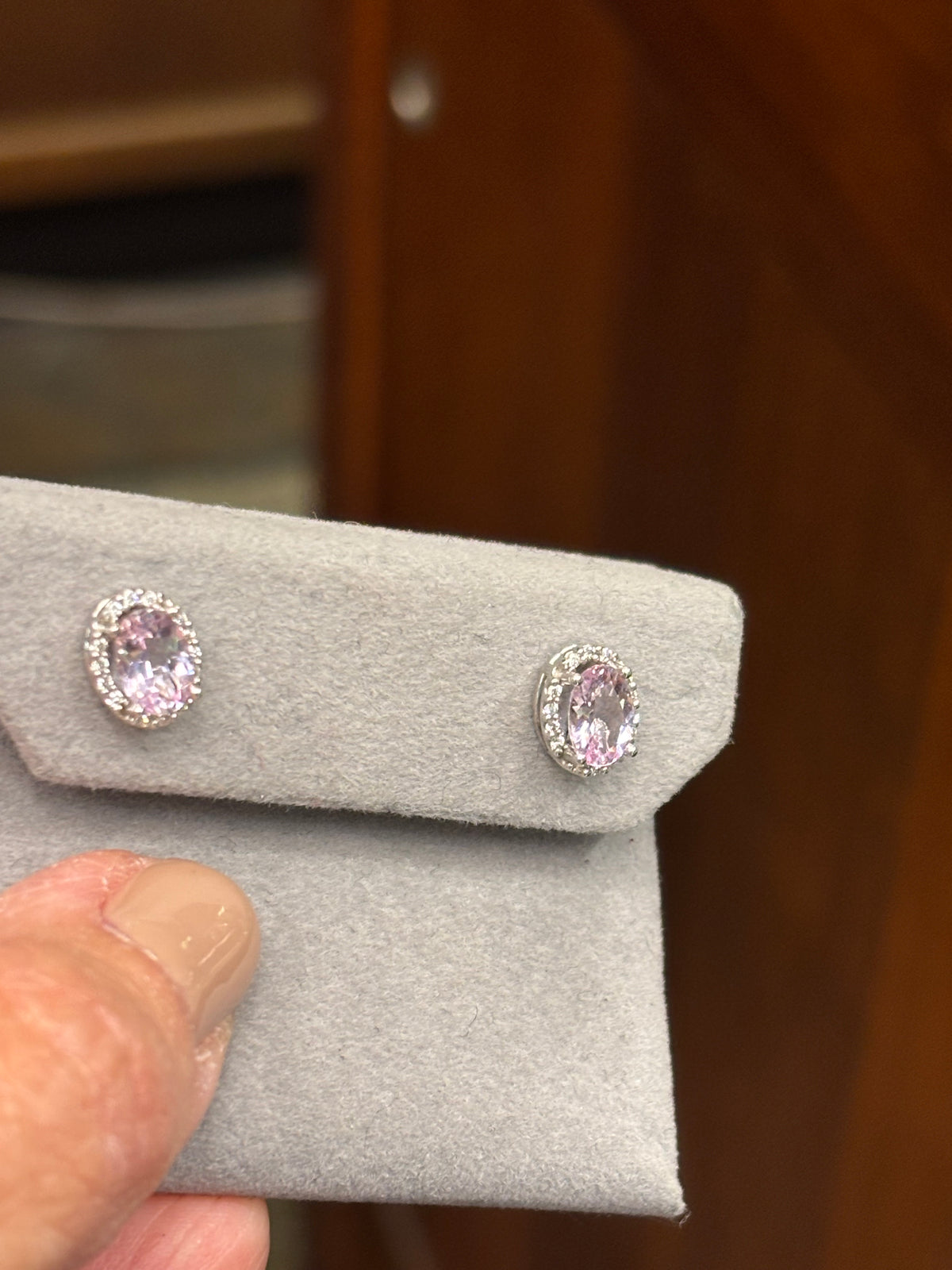 Vintage Pink Topaz & Diamond Halo Earrings in 14k White Gold