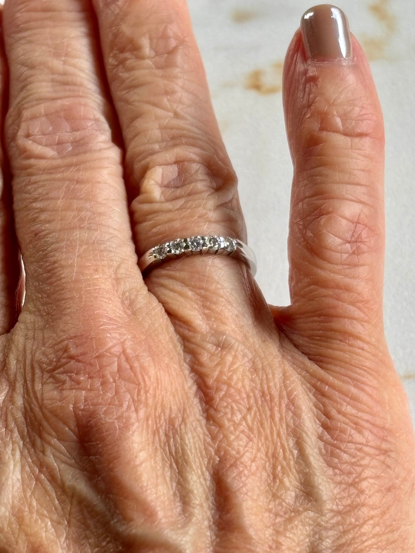 Vintage 14k White Gold Diamond Band - Five Stone Anniversary Ring, Classic Stackable Wedding Band