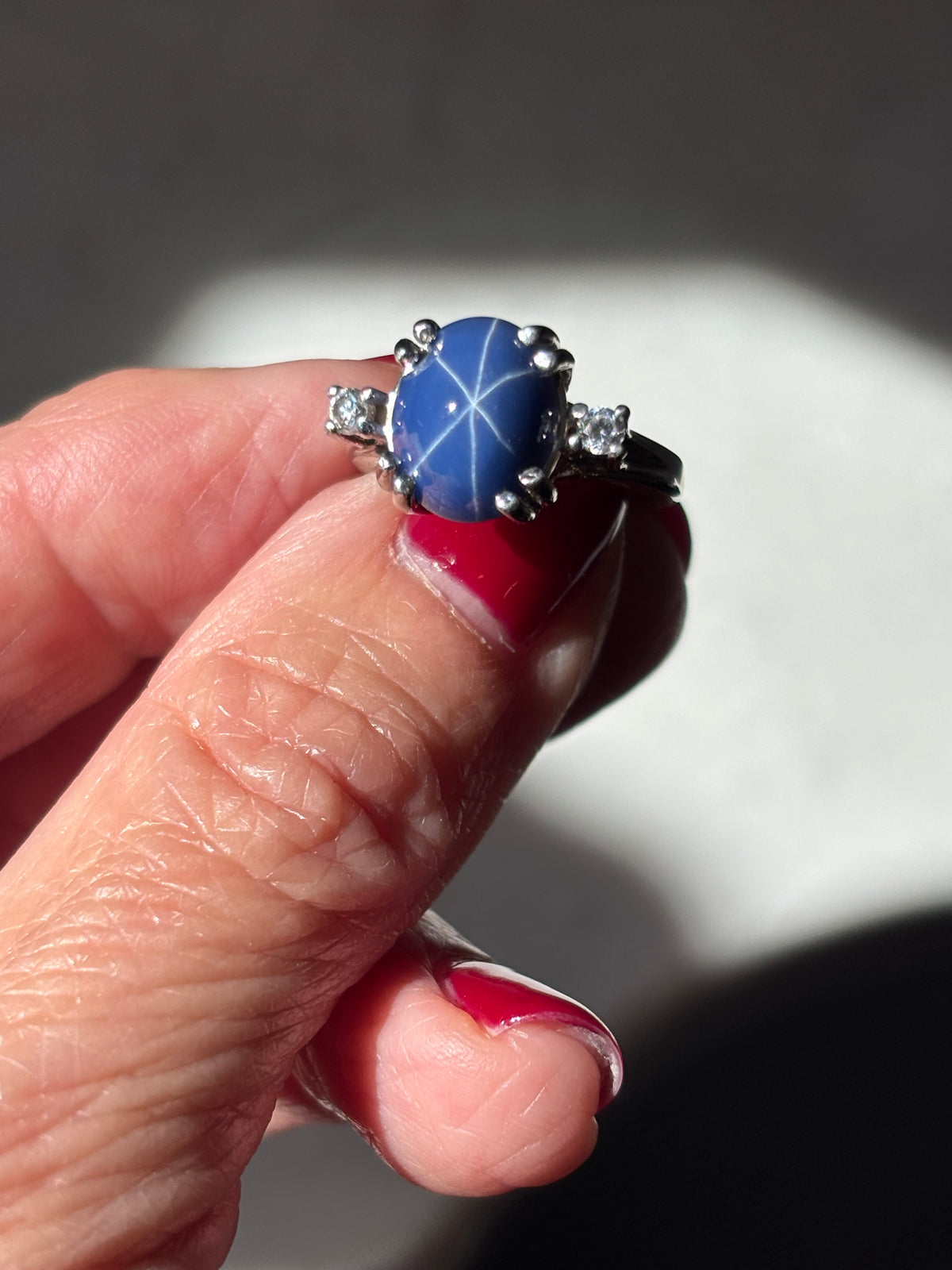 Lindy Blue Sapphire Star Ring, Diamond Accents, 14K White Gold, Mid-Century Statement