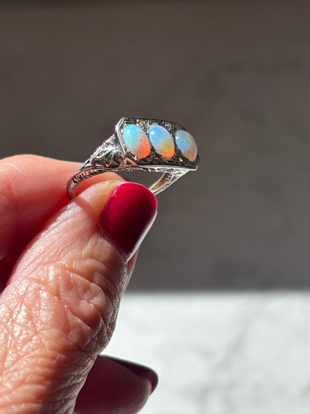 Vintage Three-Stone Natural Opal Ring, Diamond Accents, Art Deco Filigree Setting, 14K White Gold