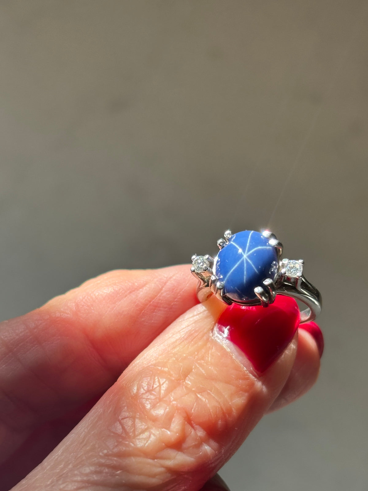 Lindy Blue Sapphire Star Ring, Diamond Accents, 14K White Gold, Mid-Century Statement