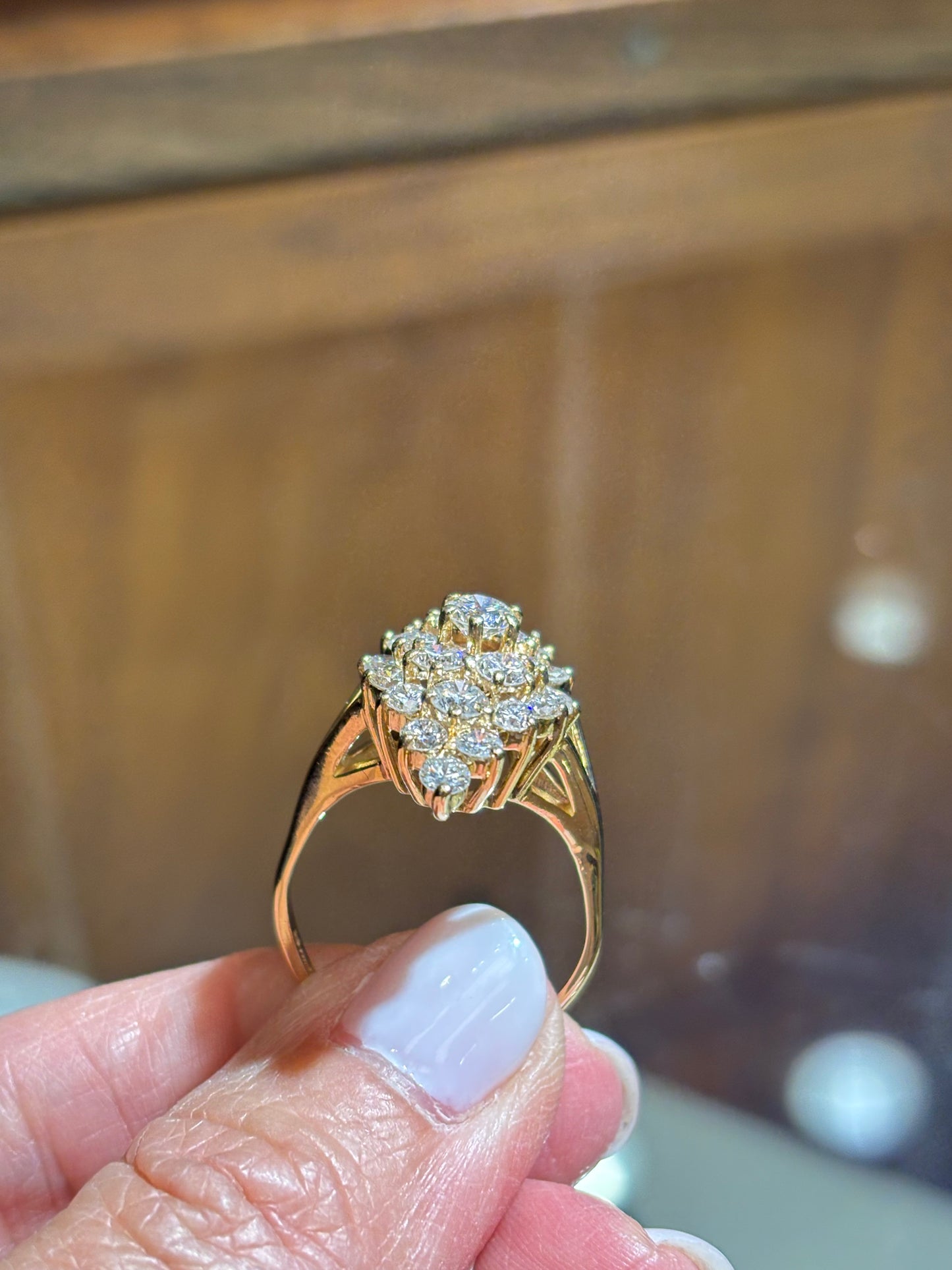 Vintage 14K Yellow Gold Natural 3 Carat Diamond Cluster Marquise Statement Cocktail Ring