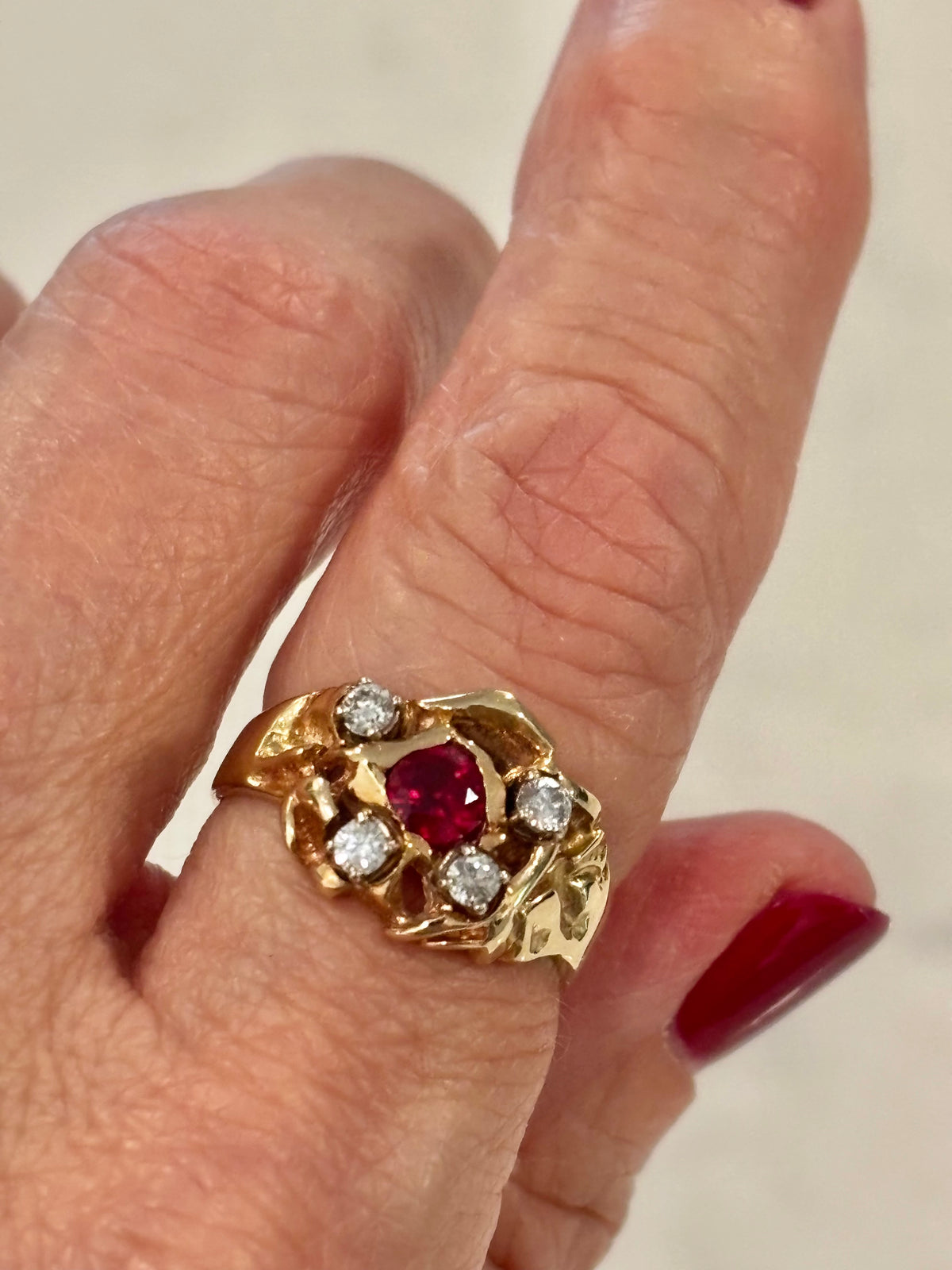 Vintage 14K Gold Ruby Diamond Cocktail Ring | Estate Fine Jewelry