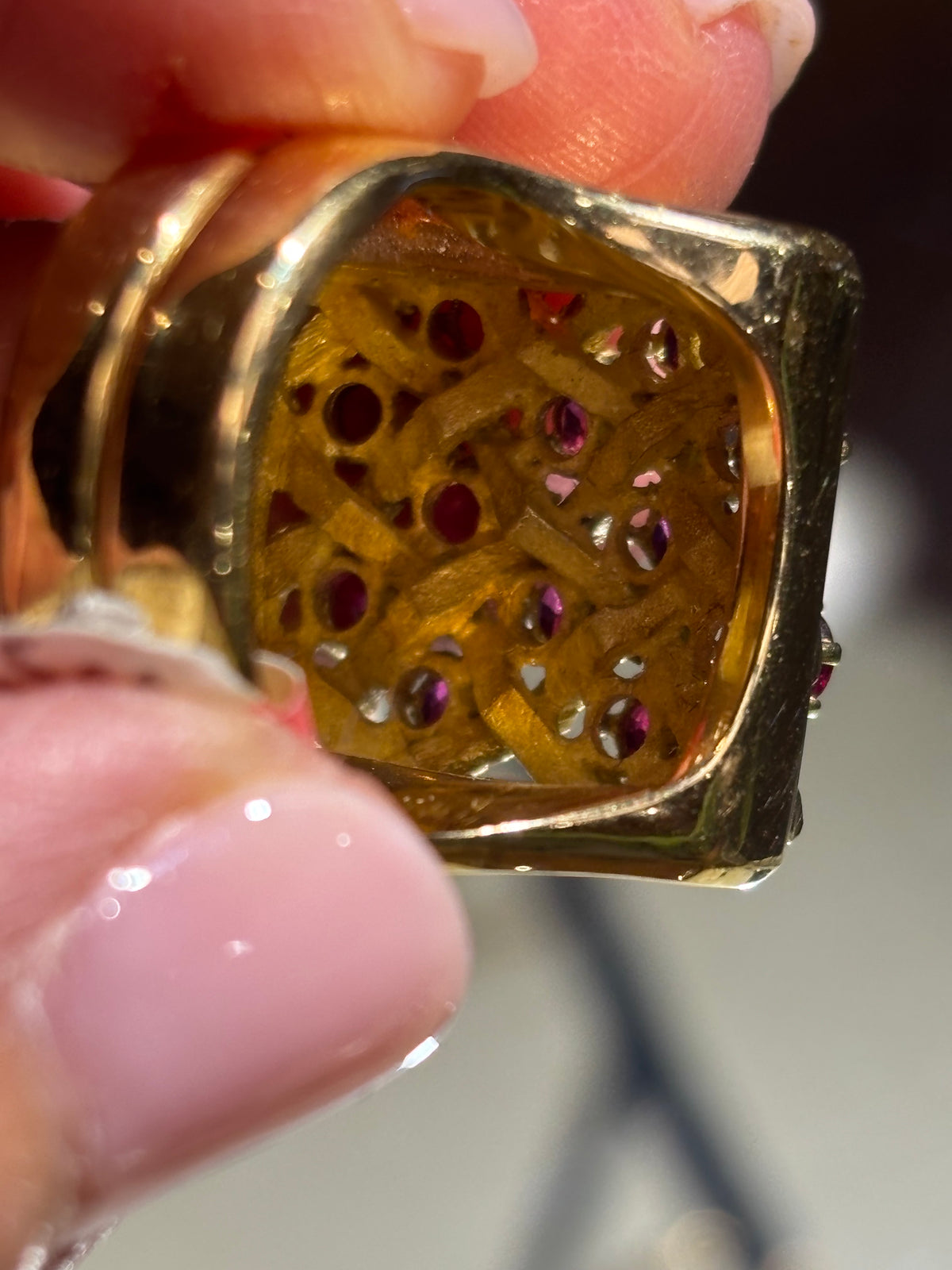 18K Yellow Gold Lattice Ruby Cocktail Ring: Mid-Century Geometric Design
