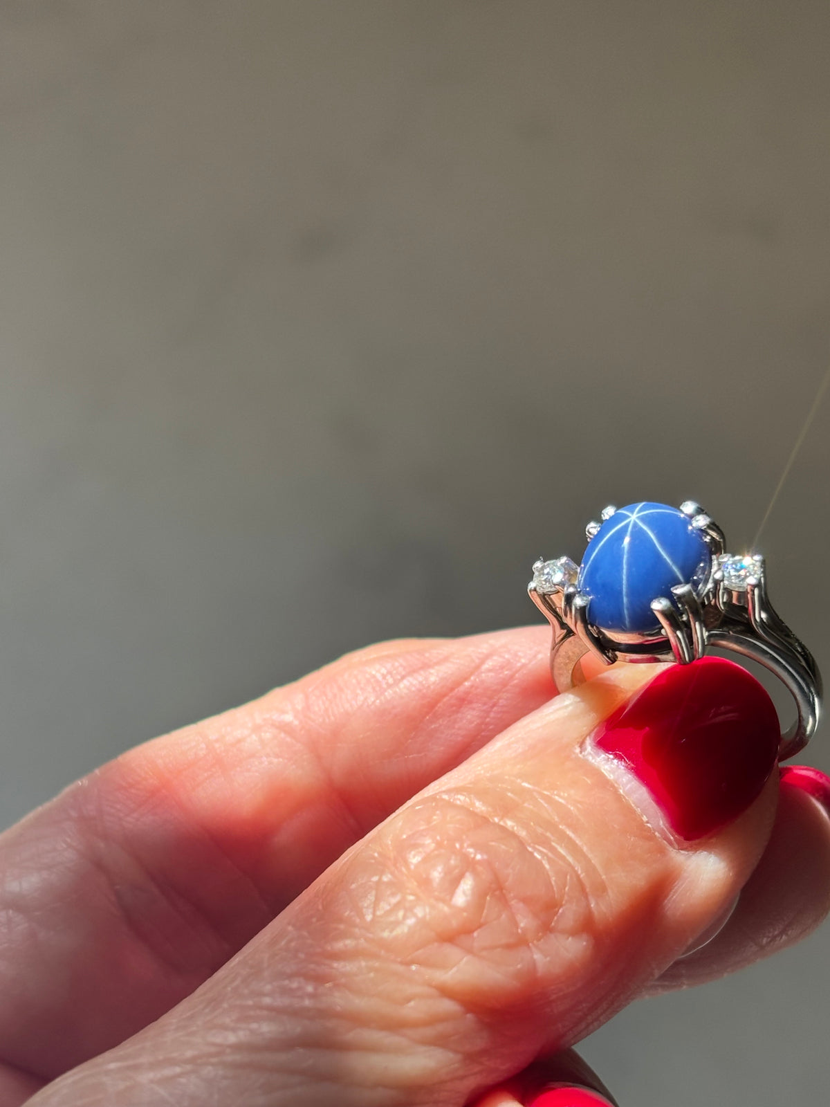 Lindy Blue Sapphire Star Ring, Diamond Accents, 14K White Gold, Mid-Century Statement